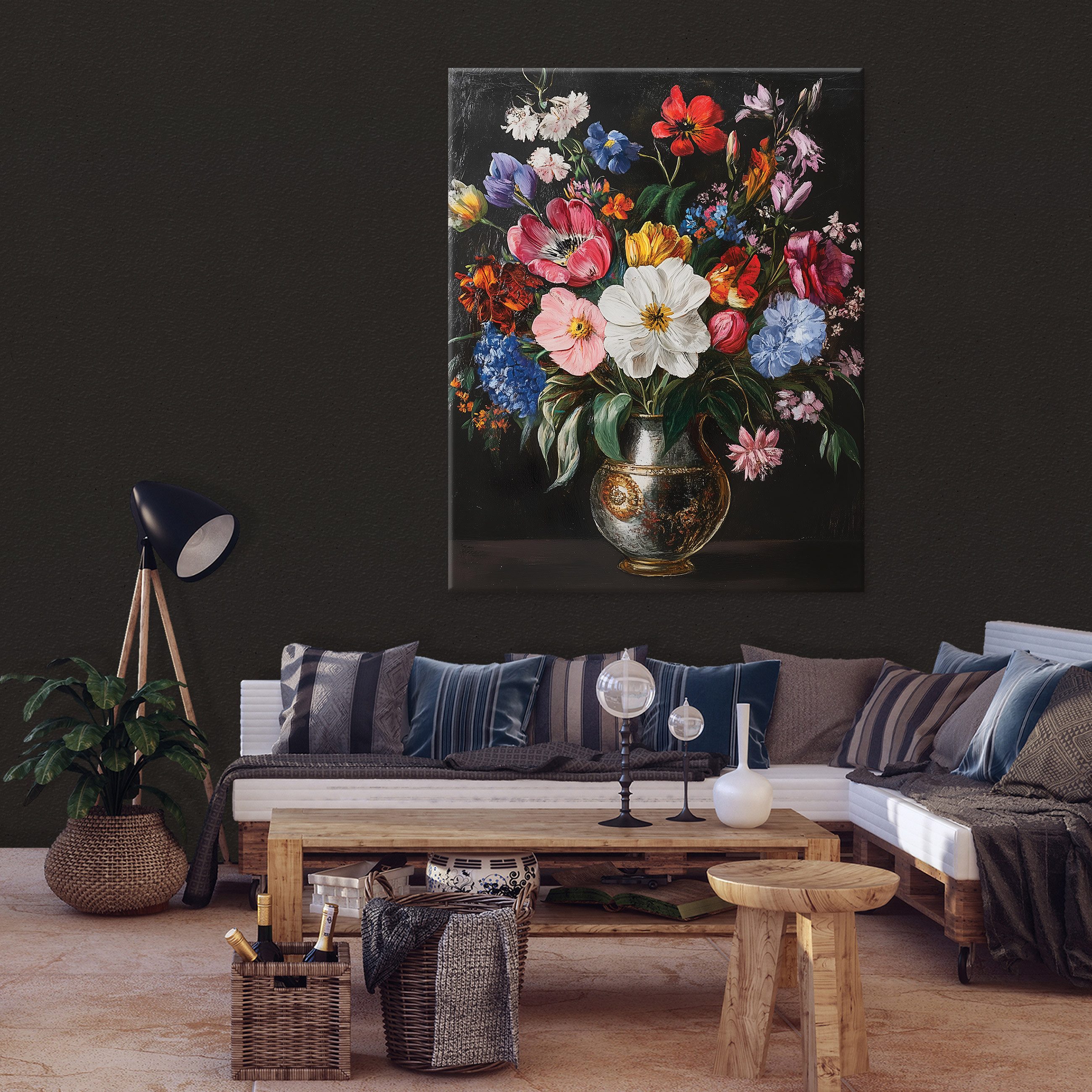 Wallarena Leinwandbild Blumen Wazon - Schwarz - Elegant - Hochformat - Wohnzimmer, Blumen, 30x40x2cm