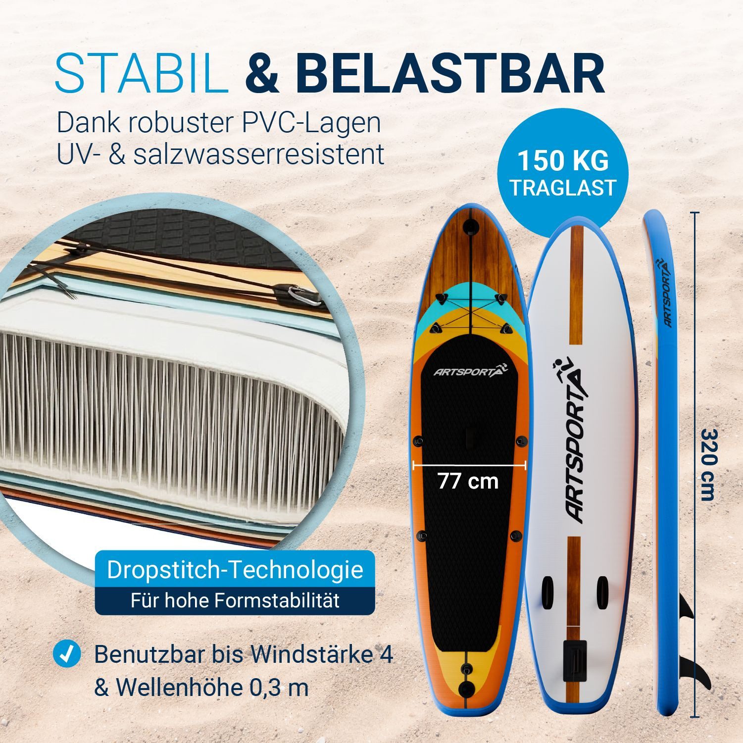 ArtSport Inflatable SUP-Board Beach Rocker, Stand Up Paddling Board, Ideal für Anfänger, bis 150 kg, inkl. Kajak-Set und Zubehör