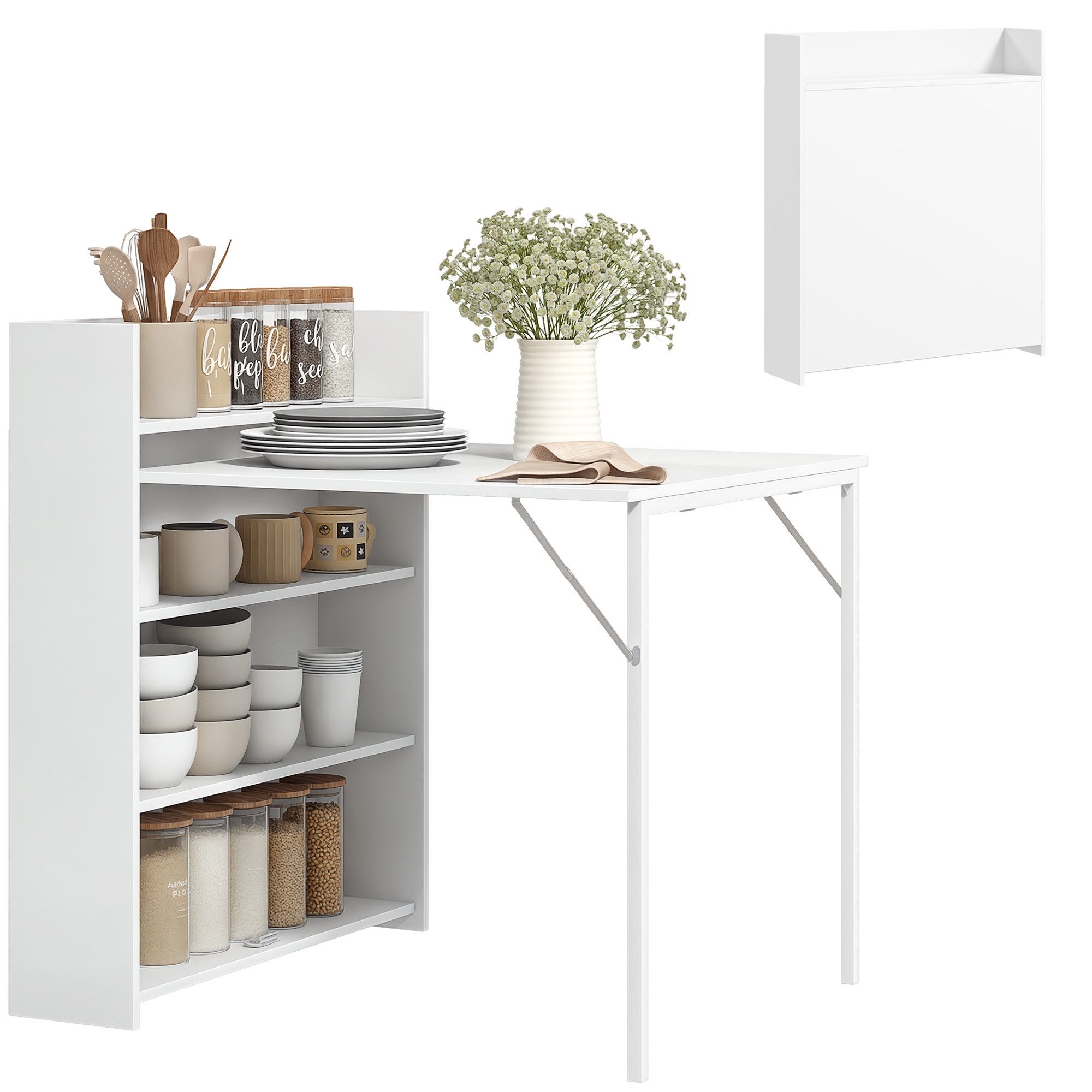 HOMCOM Klapptisch Esstisch Klappbar für 3 Personen mit 4-stufigen Regalen (Esszimmertisch, 1-St., Küchentisch), für kleine Räume, Küche, Esszimmer, 78,5 x 91 x 93 cm, Weiß
