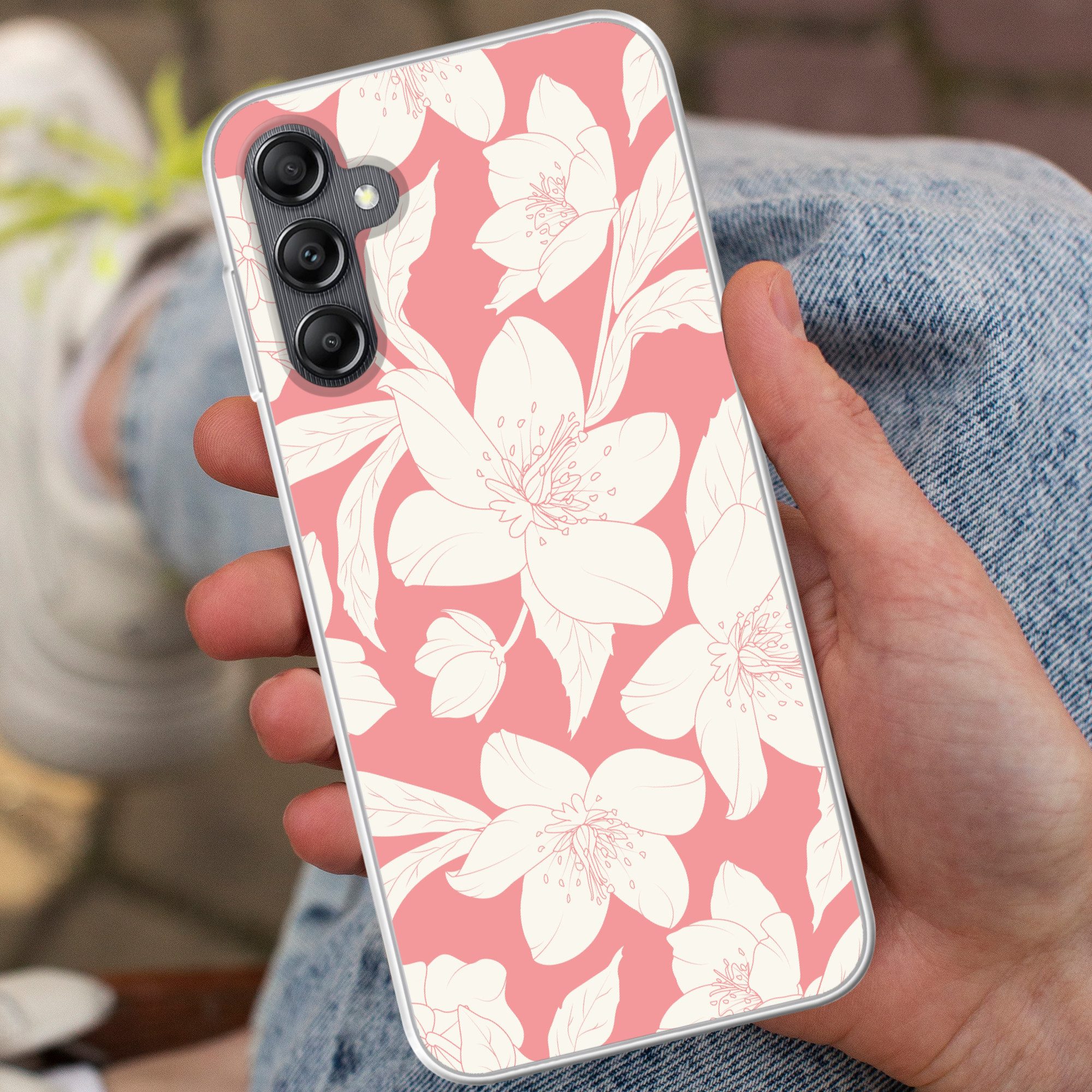 MuchoWow Handyhülle für Samsung Galaxy A14 5G Blumen - Muster - Rosa - Weiß, Smartphone-Bumper, Print, Handy Schutzhülle Dünn