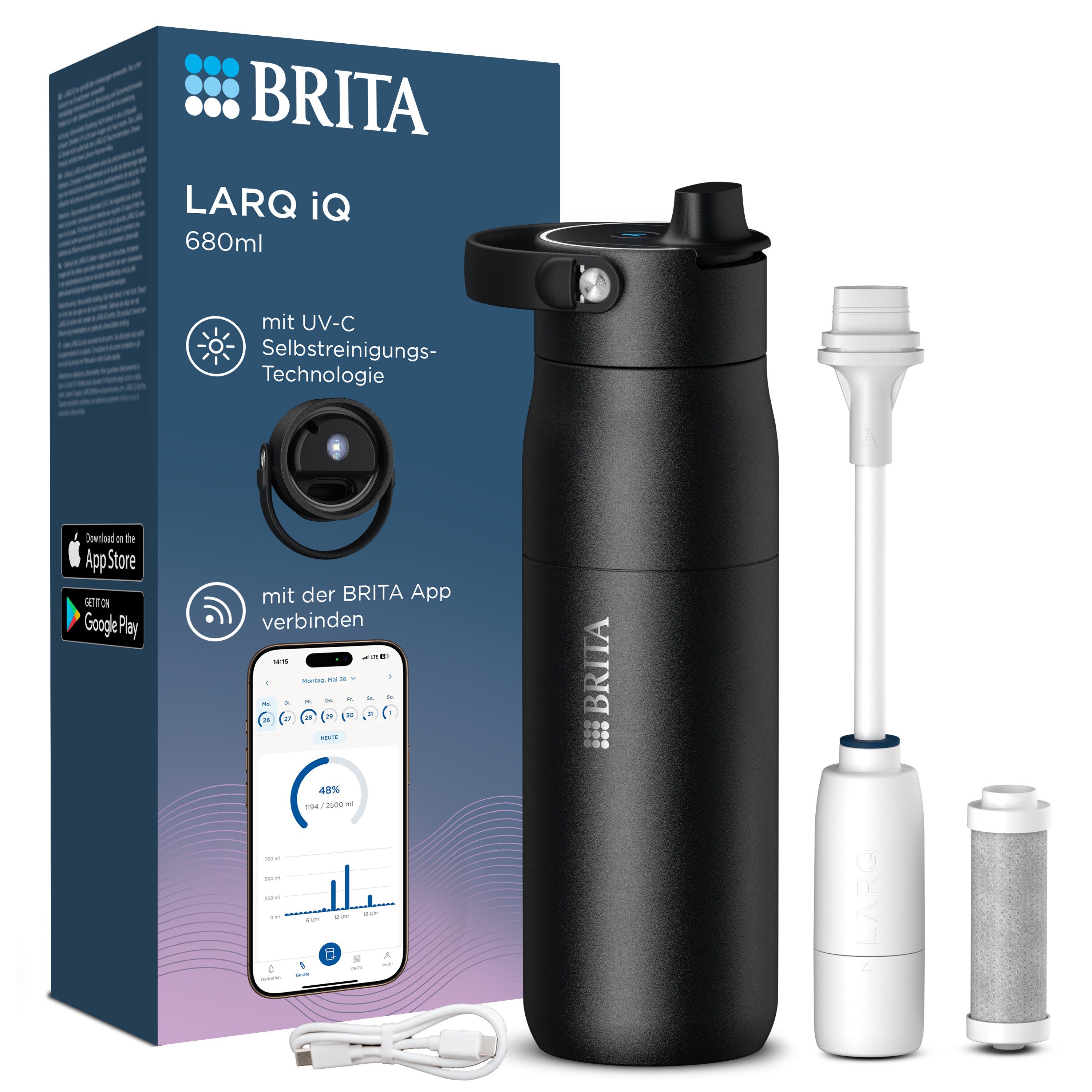 BRITA Trinkflasche BRITA LARQ iQ Digitale Filter Trinkflasche (680 ml), inkl. Hydration Tracking (App), Aktivkohle Wasserfilter & UV-C