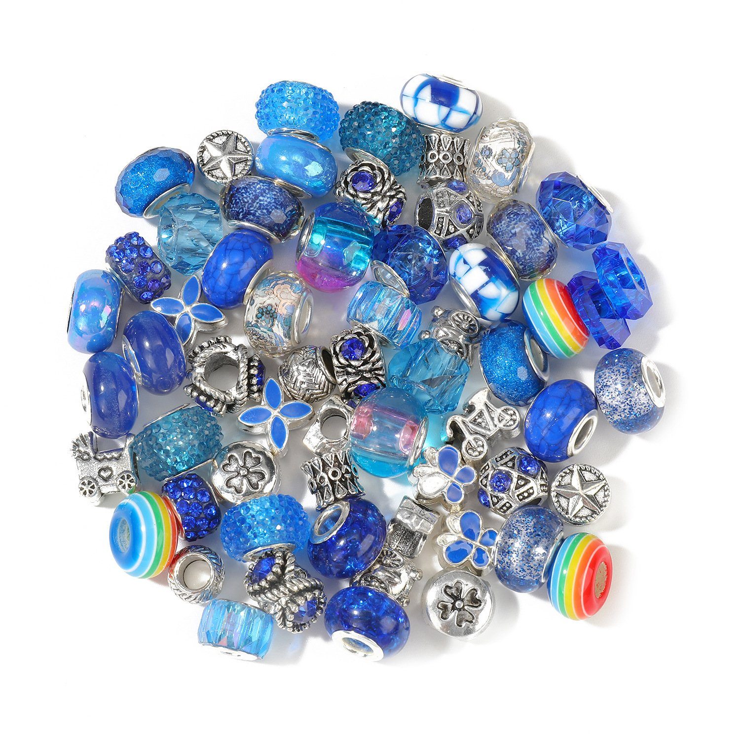 Kopper-24 Bastelperlen Großlochperlen Glasperlen Charm Mix mit 60 Perlen, Blau