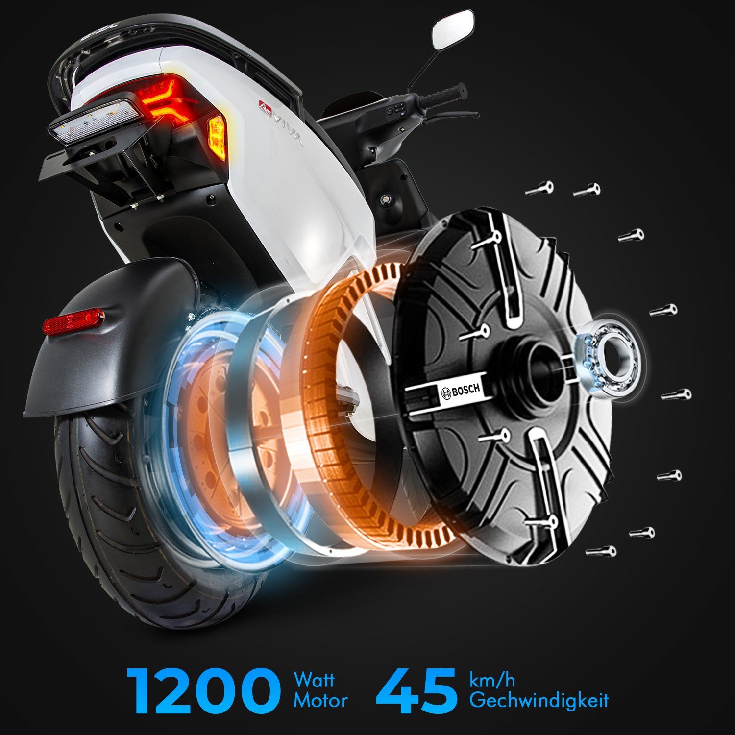 AsVIVA EM1 electric scooter, 1200 W, 45 km/h, dual battery system, keyless go, alarm, immobilizer