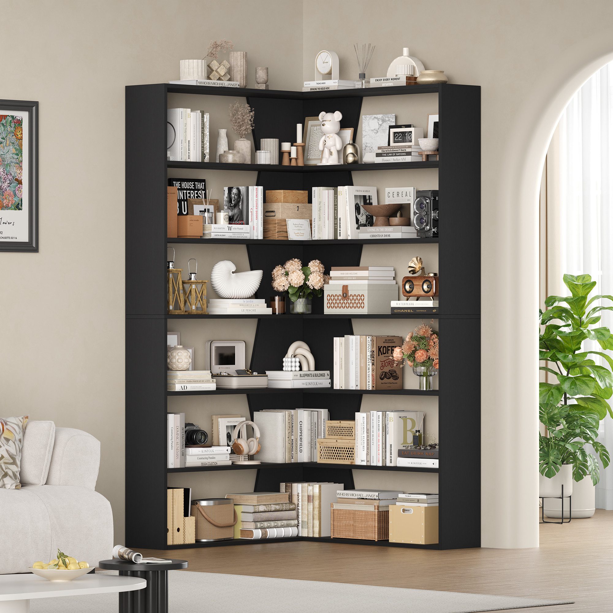 Homfa Bücherregal Eckregal Standregal Eck-Bücherregal, mit 6 Ebenen aus Holz, 90x90x190,5cm