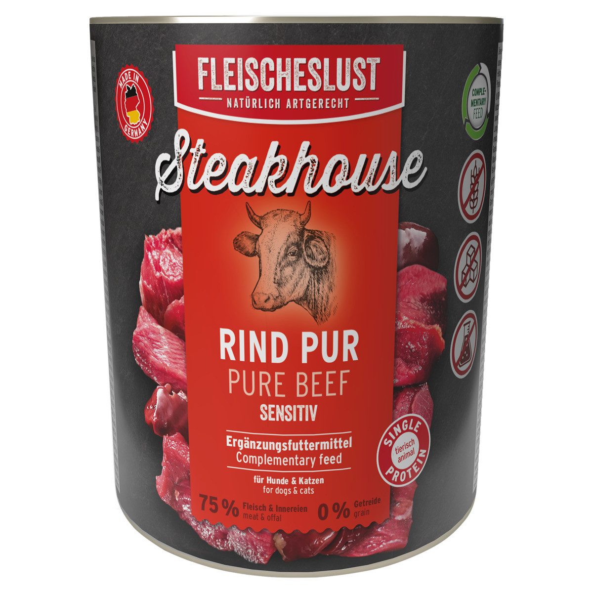 Fleischeslust Steakhouse Rind pur 800 g - 6 Stück, Nassfutter für: Hund