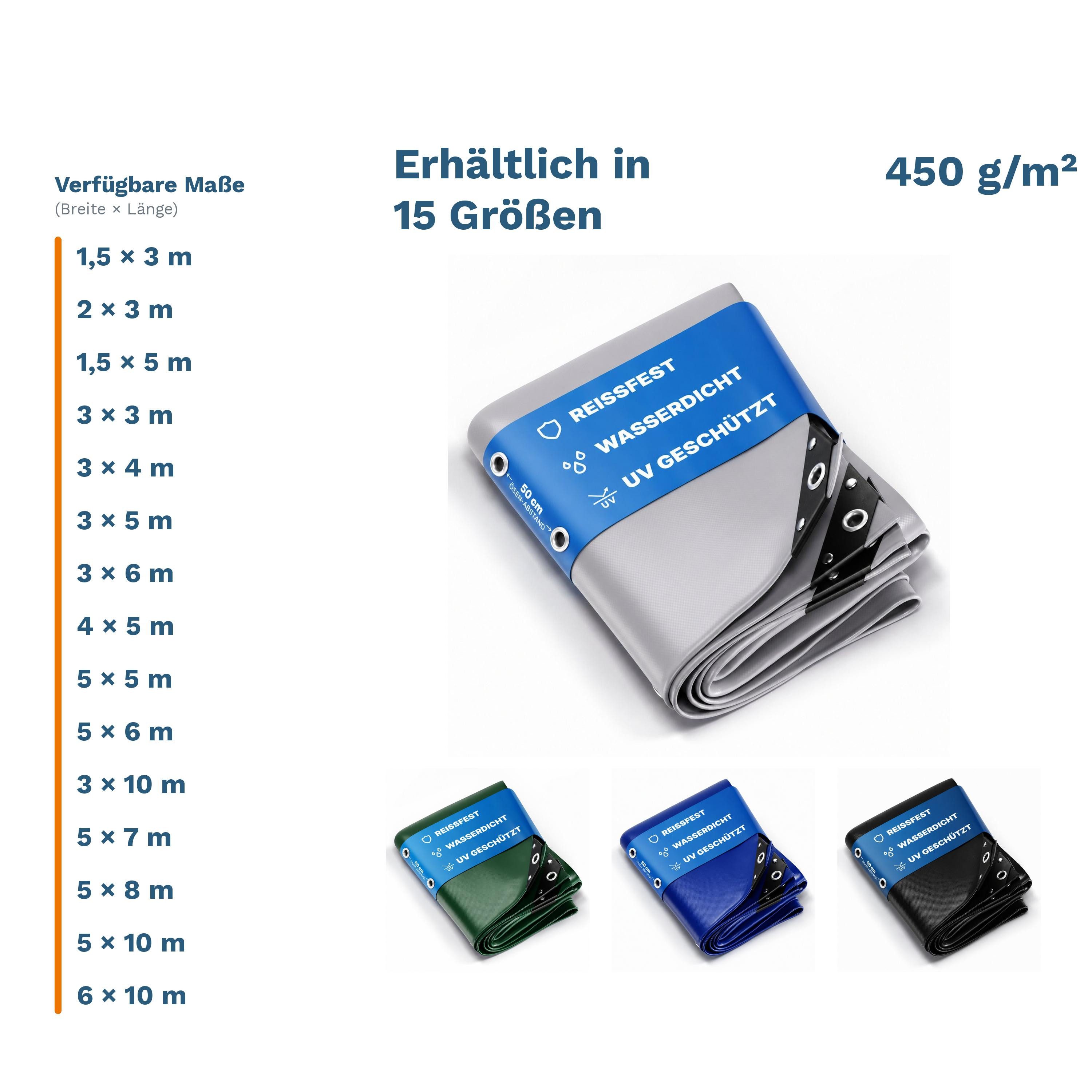 NEMAXX Schutzplane 450 g/m² PVC Abdeckplane wasserdicht reißfest UV mit Aluminium-Ösen (Massiv statt billig: trotzt Sturm, Regen und Schnee im Dauereinsatz., Verschweißter Saum, verstärkte Ecken: spannt straff und reißt nicht), 4 Farben, 15 Größen: Ihre P