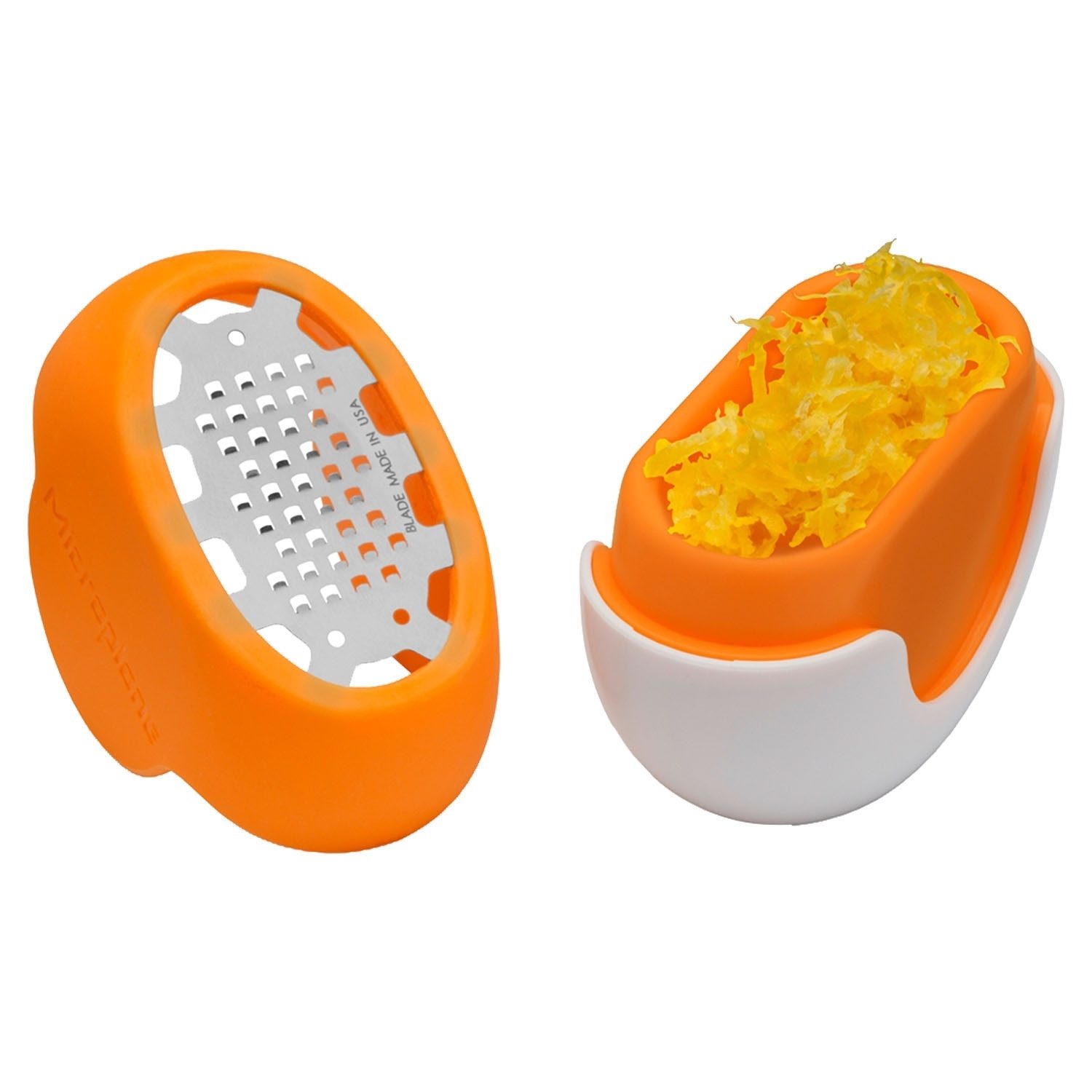 Microplane Zitronenreibe FLEXI ZESTI, L 7 cm, Orange, Weiß, Edelstahl, Silikon, (1-St), Spülmaschinengeeignet, mit Vertiefung für Schalenabrieb