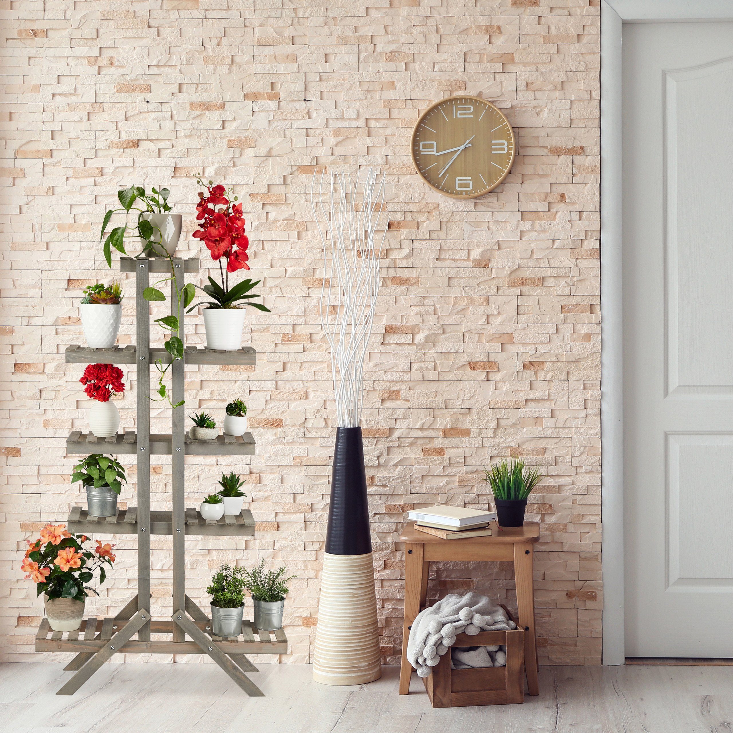 Stufen, mit 5 Holz Blumentreppe relaxdays Blumenständer Grau
