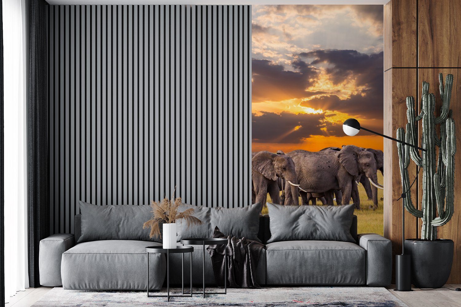MuchoWow Fototapete Elefant - Tiere Wohnzimmer Gras - Sonnenuntergang Fototapete Vliestapete Matt, für St), - - bedruckt, (2 Natur, Küche, Schlafzimmer