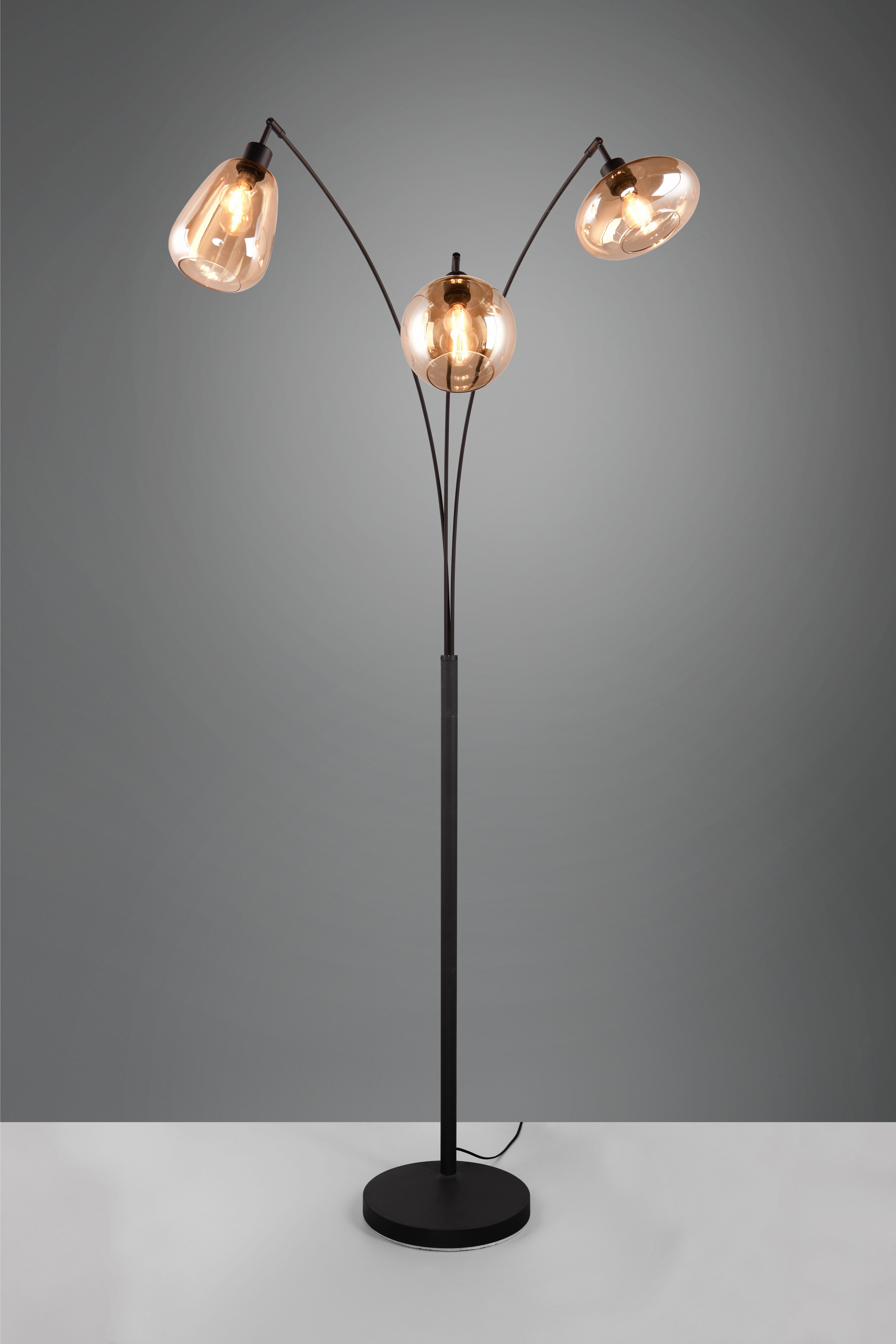 TRIO Leuchten Stehlampe Lumina, gebogene Stehleuchte mit Glasschirmen exkl 3xE14 max 10W, Leuchtmittel wechselbar, warmweiß - kaltweiß, amberfarbige Gläser in 3 Formen, Fußschalter, Bogenleuchte Höhe 200 cm