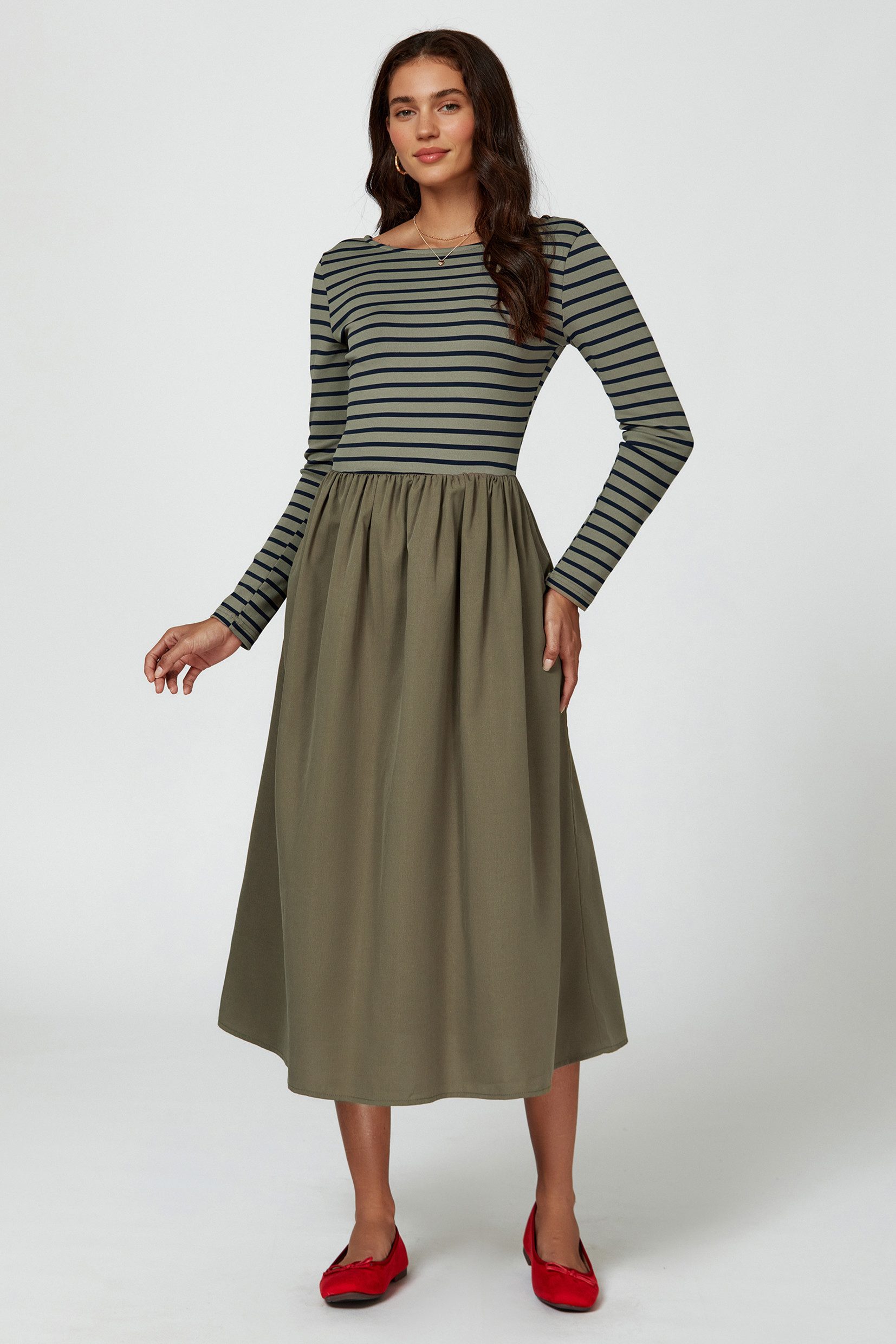 FS Collection Midikleid Damen Gestreiftes Midikleid Olivgrün – Langarm & El günstig online kaufen