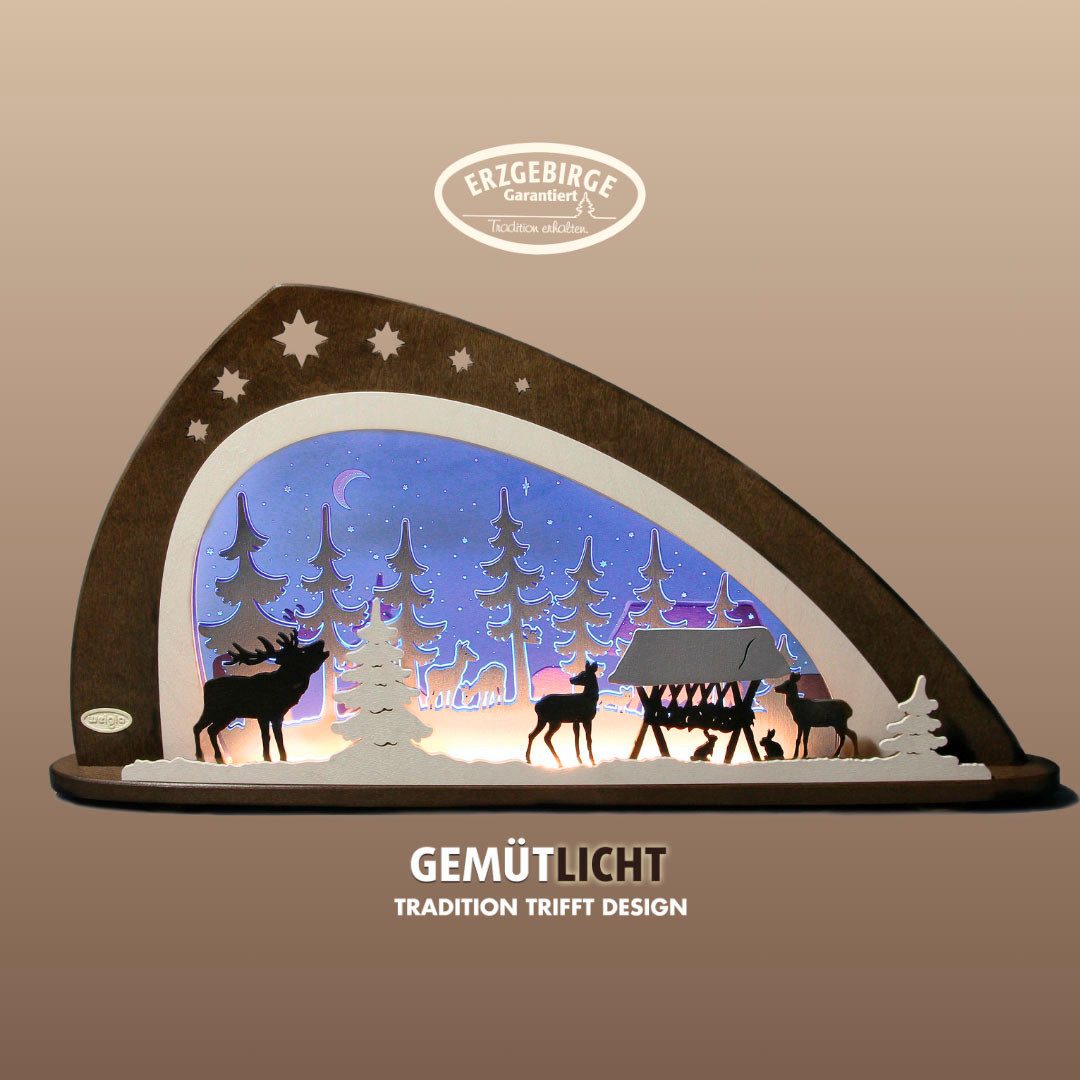 Weigla Lichterbogen LED Waldtiere,moderner Schwibbogen aus Holz&Acrylglas, Made in Germany (1-tlg), Erzgebirge garantiert, Weihnachtsdeko Innen, Weihnachtsbeleuchtung