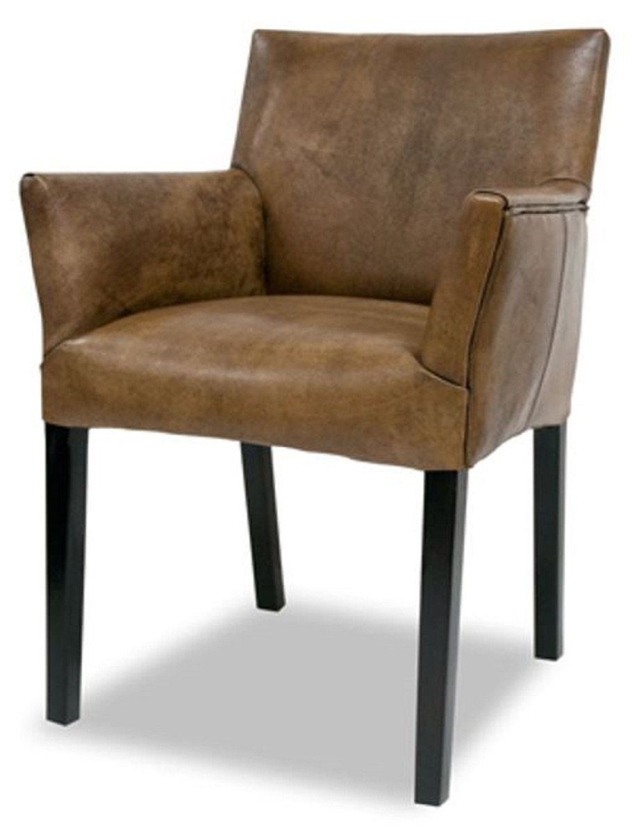 Casa Padrino Esszimmerstuhl Luxus Leder Esszimmerstuhl Vintage Braun / Schwarz 64 x 61 x H. 85 cm - Echtleder Küchenstuhl mit Armlehnen - Esszimmer Möbel | Stühle