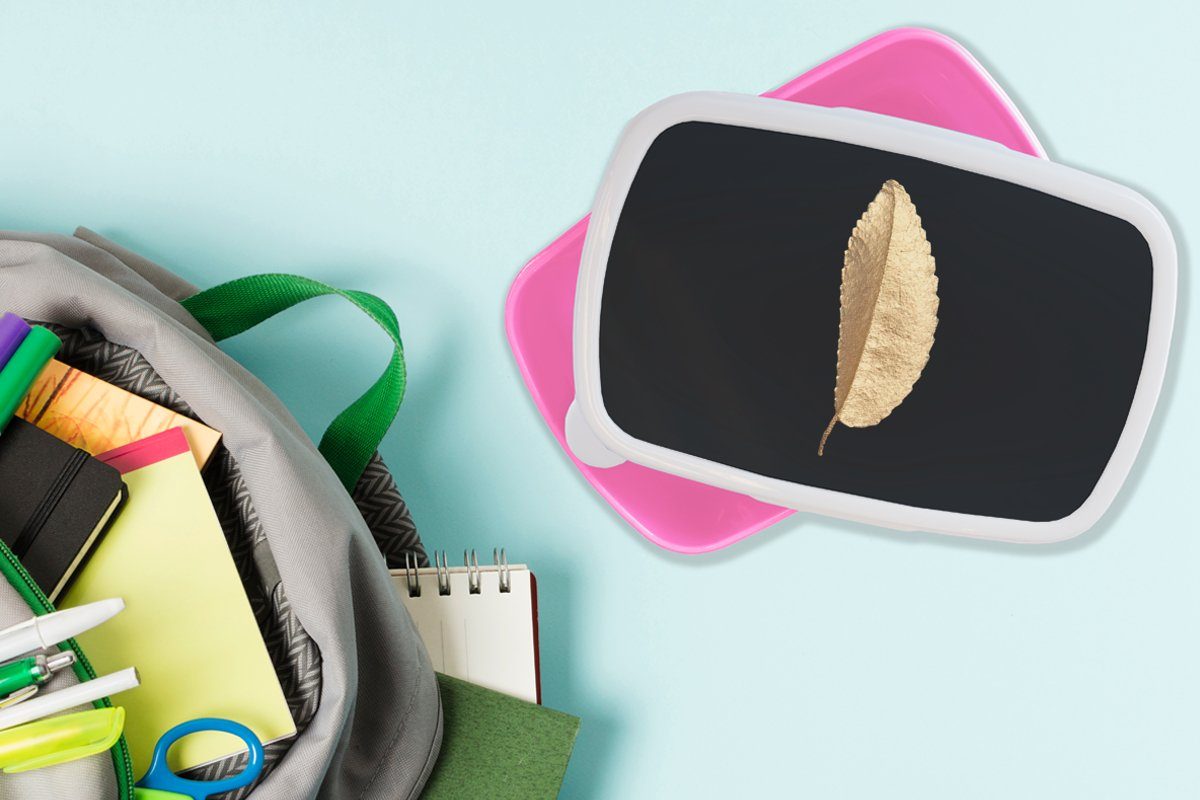 Kunststoff, MuchoWow Mädchen, und - rosa Luxus Snackbox, Gold Erwachsene, - Kinder, (2-tlg), Lunchbox Kunststoff Brotdose - Schwarz - Brotbox Blätter Chic für Natur,