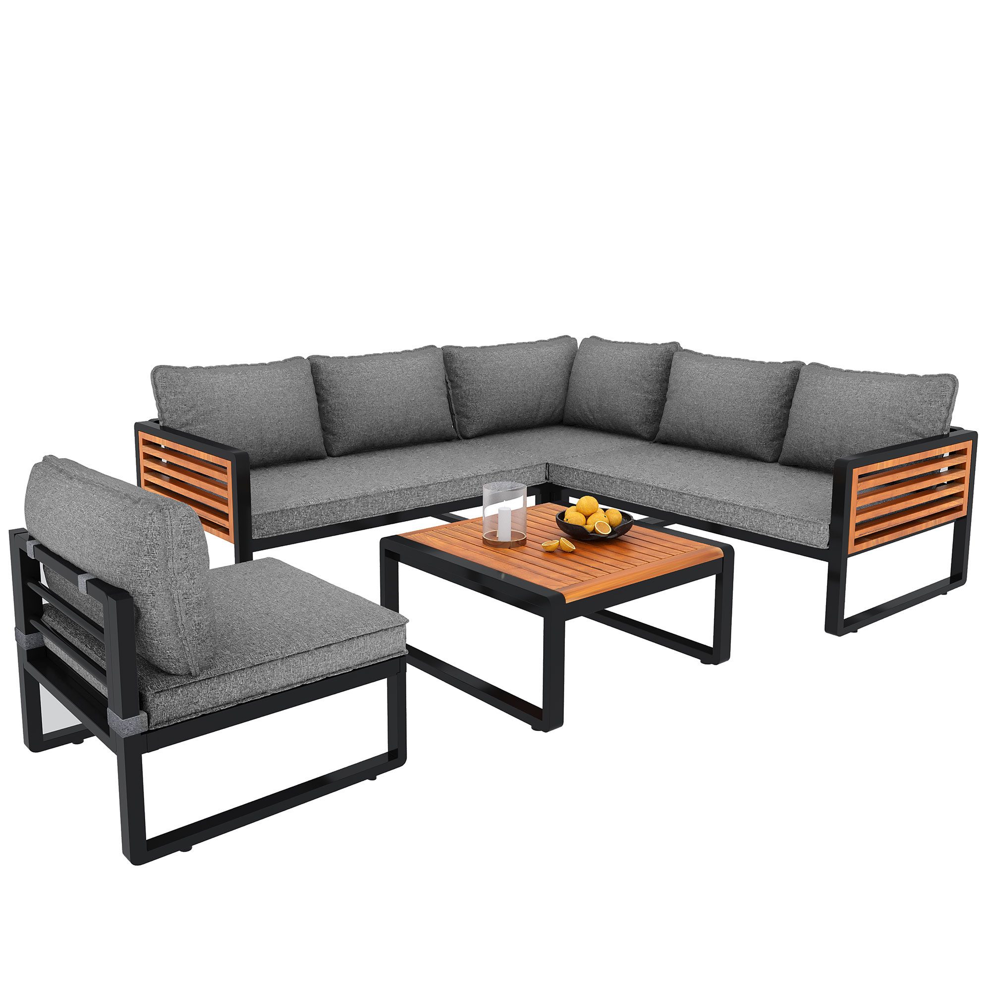 i@home Gartenlounge-Set Modernes Outdoor-Sofa-Set, Gartenmöbel-Set mit verzinktem, (Zweipersonen-Sofa×2, Ecksofa×1, Armloses Sofa×1, Kaffeetisch×1, 3-tlg), dekorative Armlehnen aus Holz,Loungemöbel, Balkonset, Garten