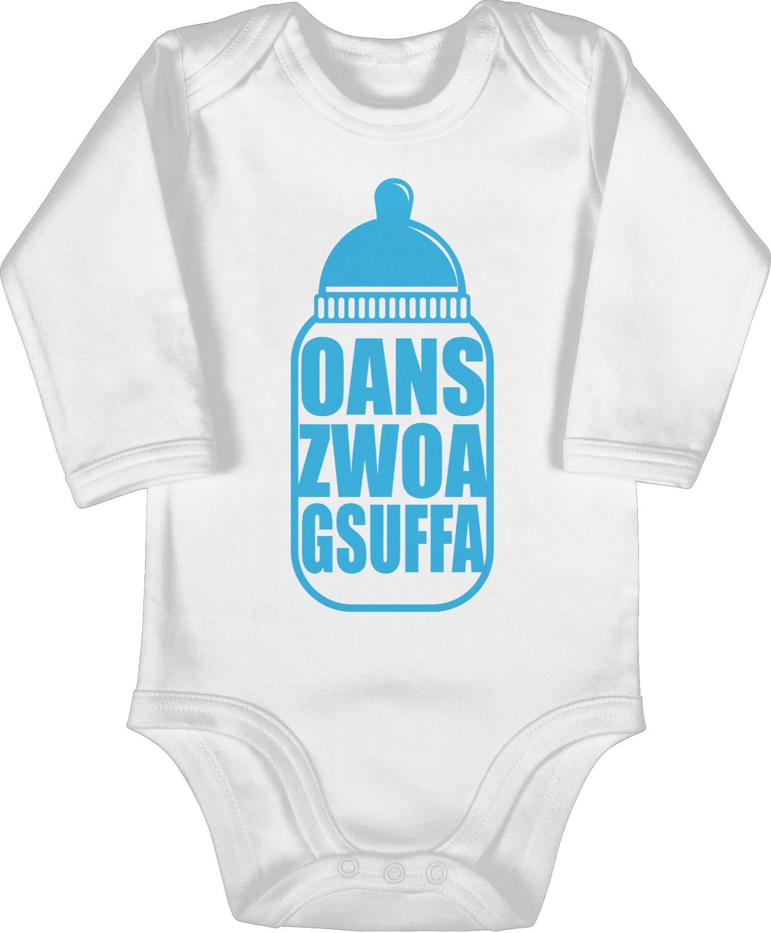 Shirtracer Shirtbody Babyflasche Oans Zwoa Gsuffa blau Mode für Oktoberfest Baby Outfit 2 Weiß