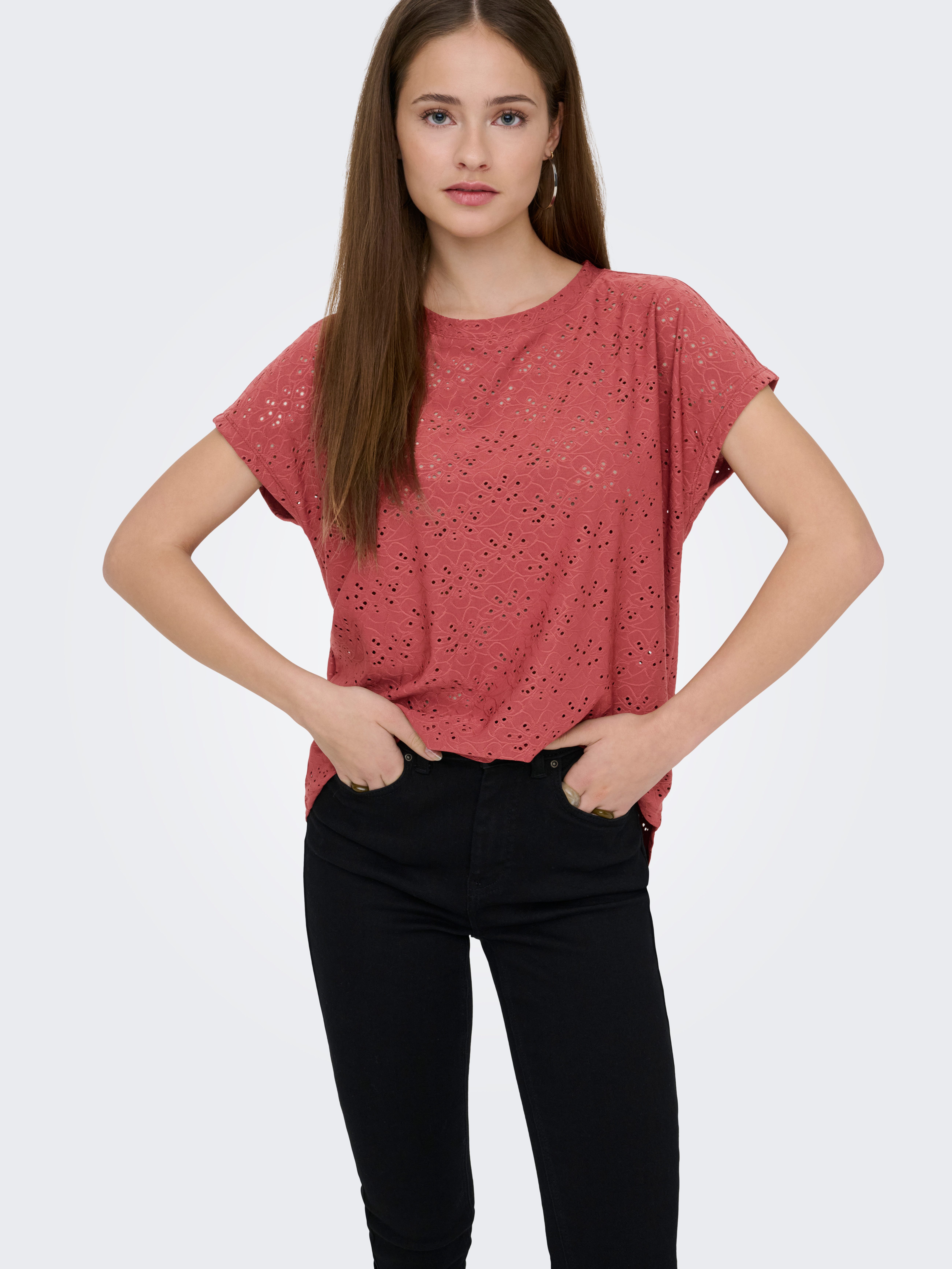 ONLY Kurzarmshirt ONLSMILLA LIFE S/S TOP JRS NOOS regular fit, modisch, Single Jersey, Materialmix, Rundhals, Spitze – Bild 3 von 5