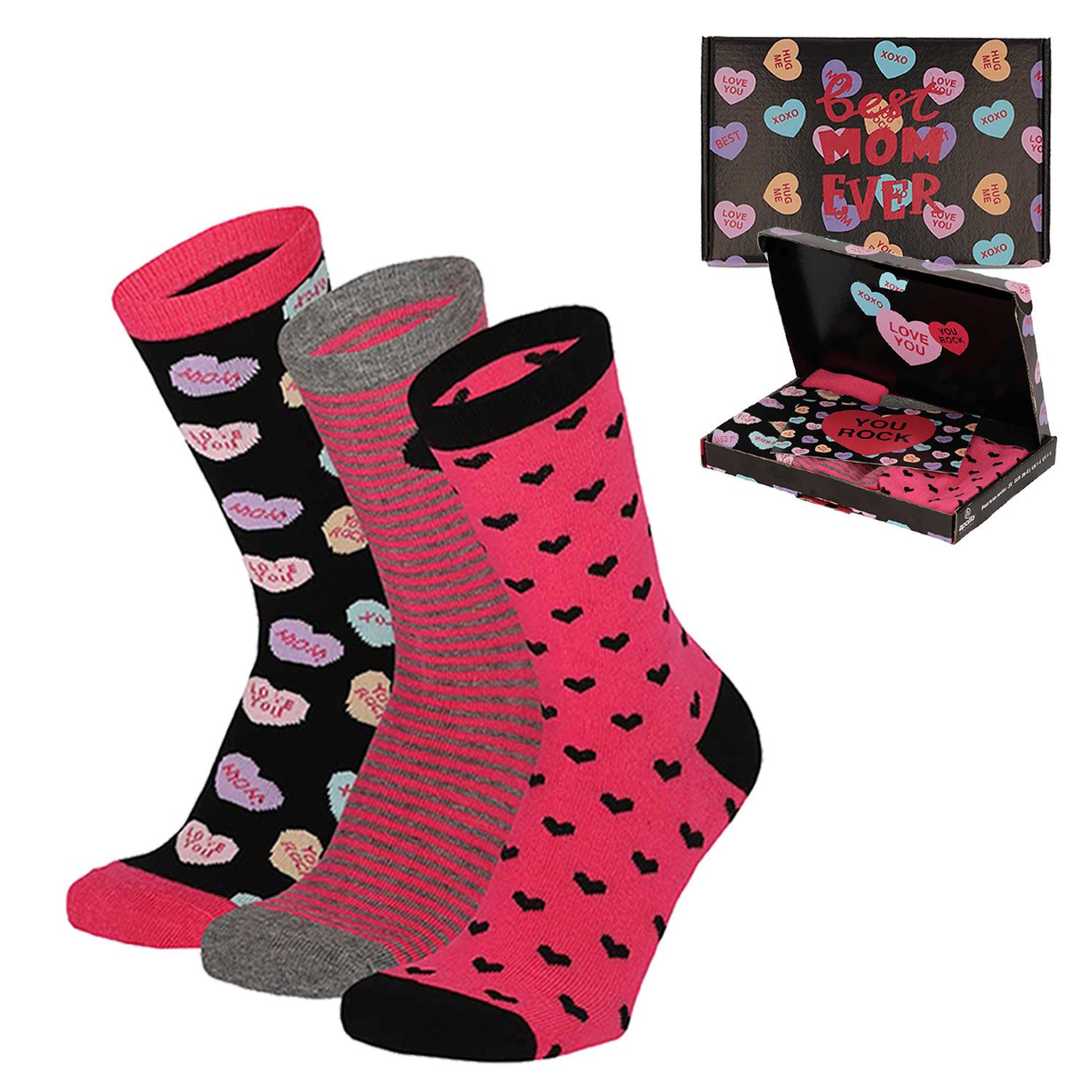 Yuhu Socken Damen Socken Super Mom You Rock 3er Pack Muttertag Geschenkbox (3-Paar)