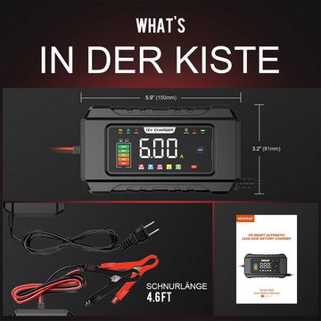 Novzep Autobatterieladegerät, 12 V 6 A, Batterie-Erhaltungsladegerät, Autobatterie-Ladegerät (mit Temperaturkompensation für Auto, LKW, Motorrad, Rasenmäher)