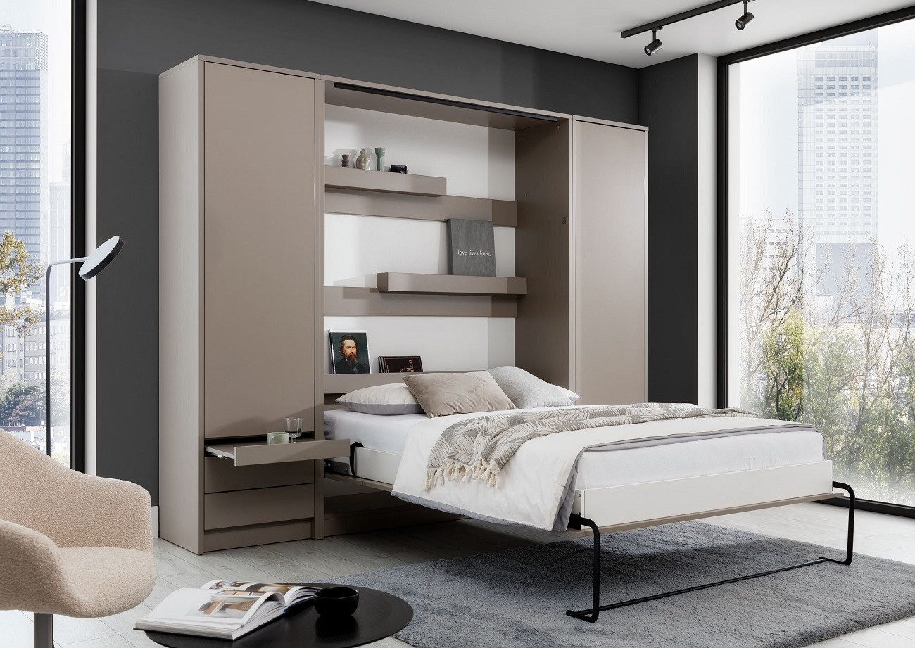 QMM TraumMöbel Schrankbett GN 120x200 mit LED, optionalen Schreibtisch & 2 Schränke (Set, 3-St., Schrankbett & 2 Schränke) vertikal klappbar