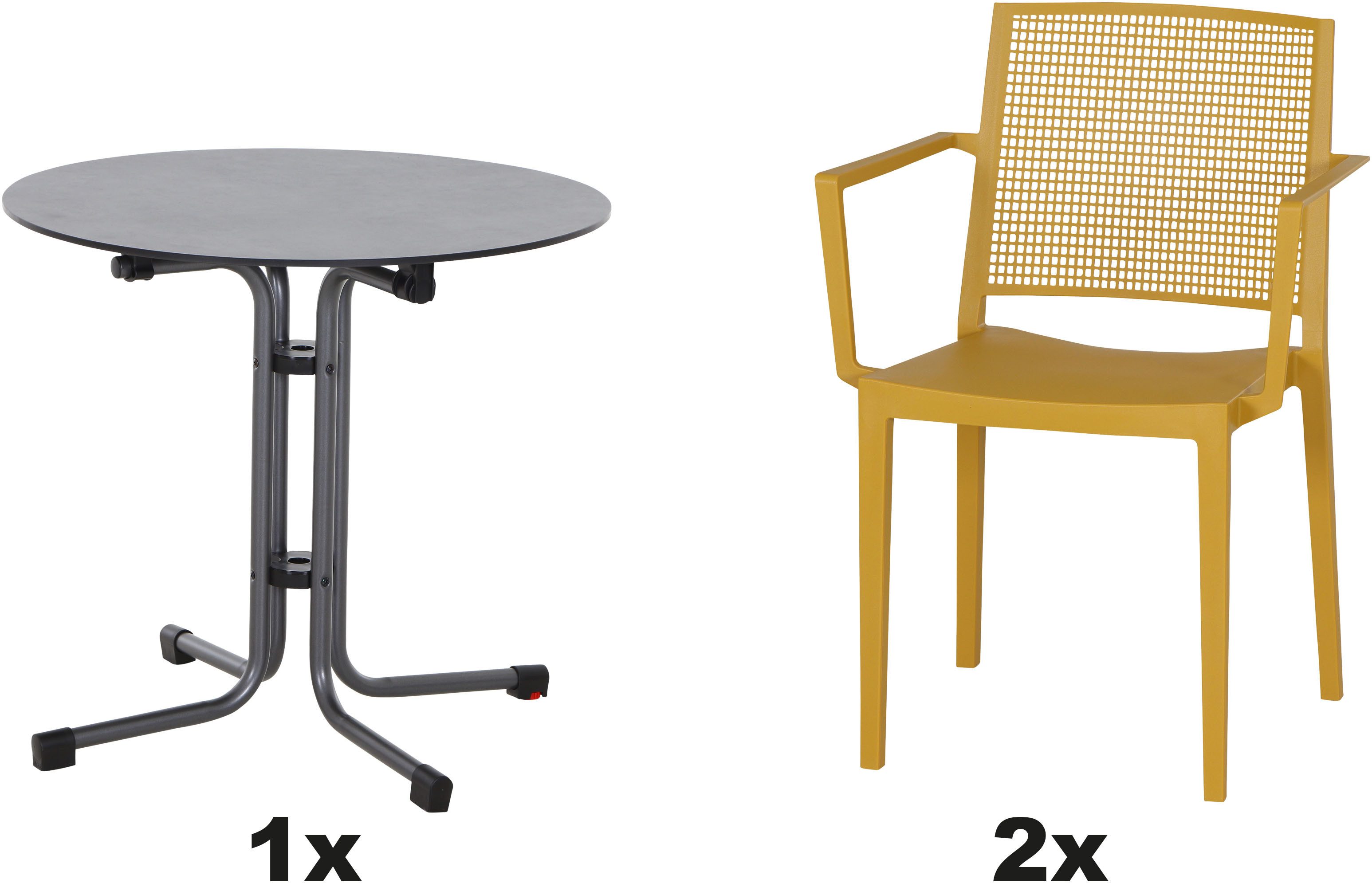 Siena Garden Gartensessel Square Sessel mustard 2er Set mit Tisch (Set, 2-St), 2 x Stapelsessel + Tisch Sola Ø 80 cm