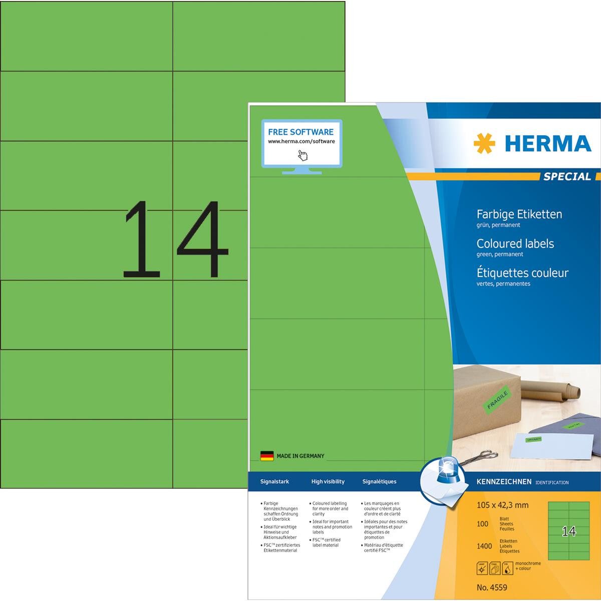 HERMA Etikett HERMA Etiketten A4 grün 105x42,3mm Papier matt 1400 St.