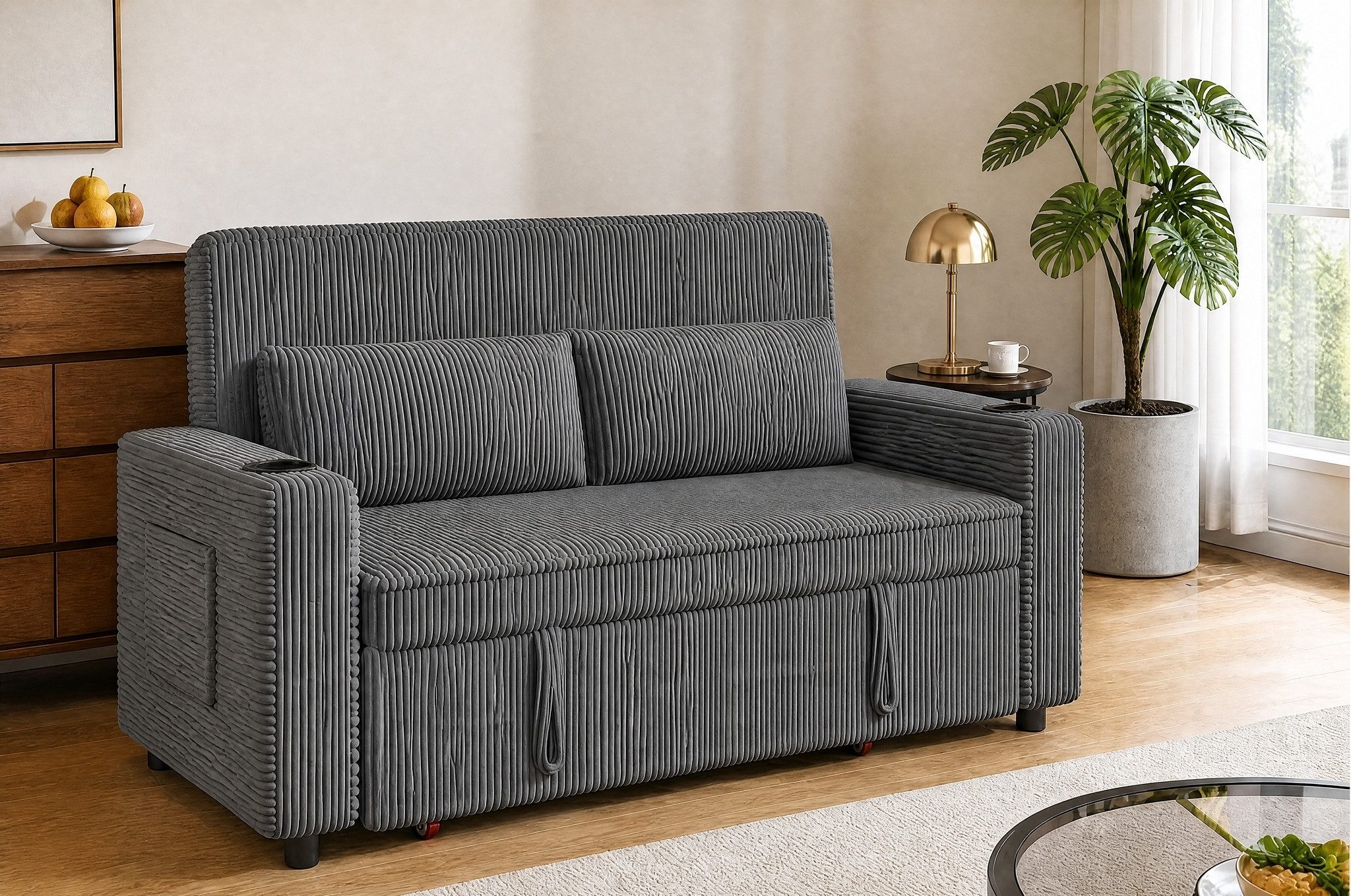 HOMALL Schlafsofa 2-Sitzer Ausziehbar Sofa,Modernes Edler Cord-Stoff, mit Unterbett,Getränkehalter,seitlicher Tasche und 2 Kissen – Bild 2 von 5