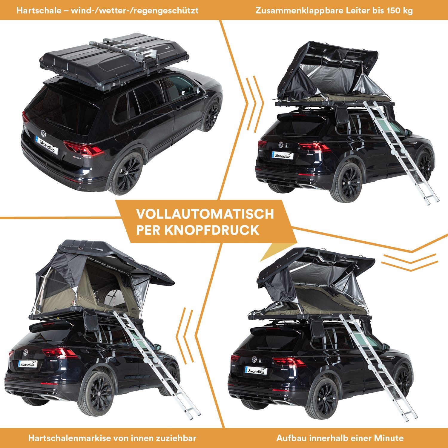 Skandika Dachzelt Dachzelt Auto Wildland, Autodachzelt Hartschale für 2 Personen, Personen: 2 (Tasche mit Werkzeugen und Montageteilen, vollautomatisches Aufklappen), Solarzellen, Moskitonetz, wasserdicht 3000 mm, LED-Leiste