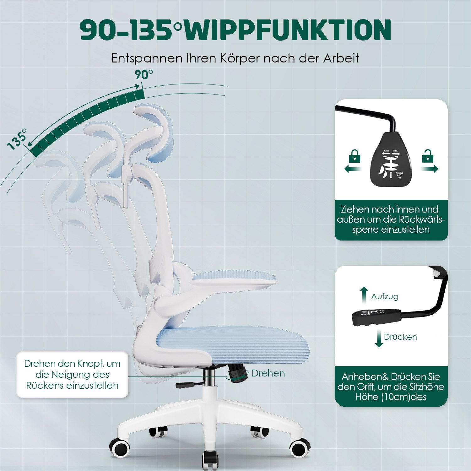 Fukstern Bürostuhl Ergonomischer Bürostuhl mit 90° klappbaren Armlehnen (Verstellbare Kopfstütze, atmungsaktiver Mesh-Bezug, Rücken- und Taillenstütze, Neigung fixierbar bei 90° (maximal kippbar bis 135), bis 150 kg belastbar