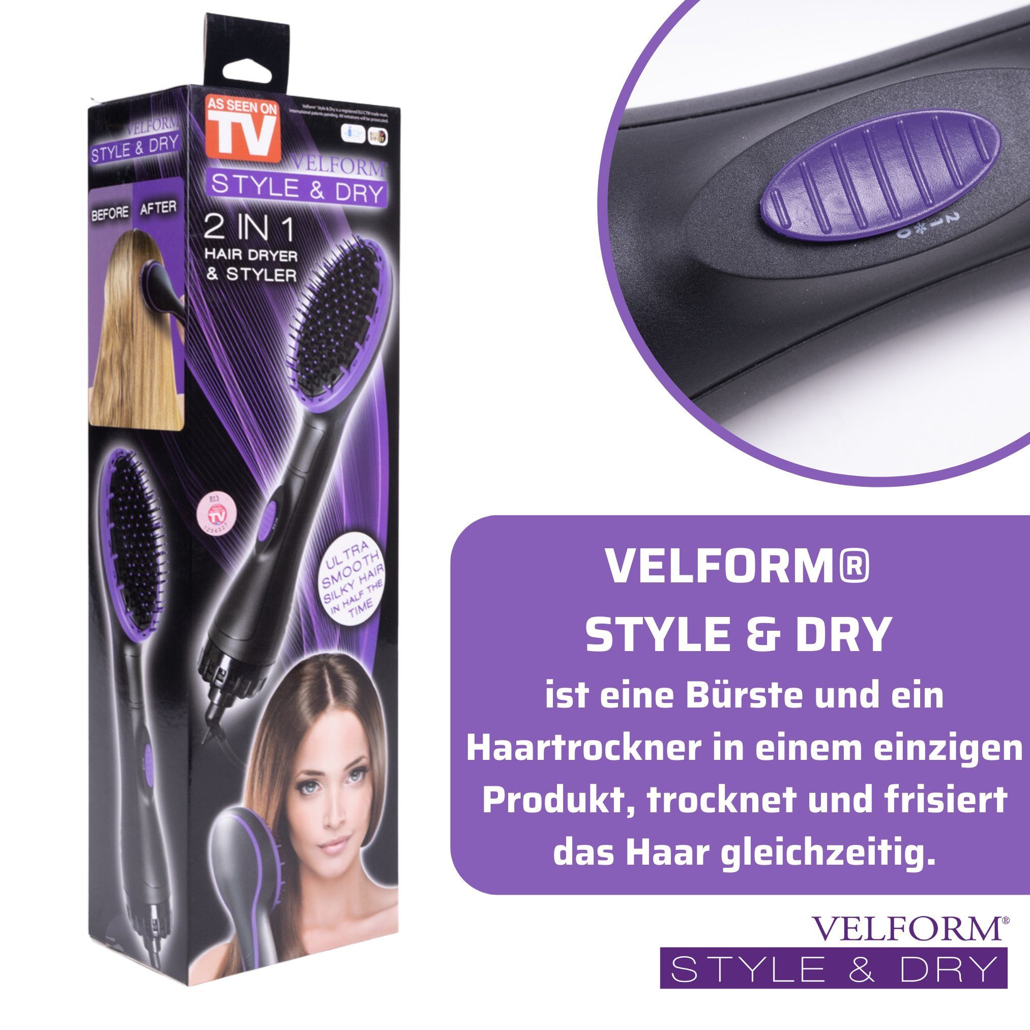 Velform®️ Velform® und in Style 2 in Dry, 1000 Haartrockner Bürste Watt & einem, 1 Warmluftbürste