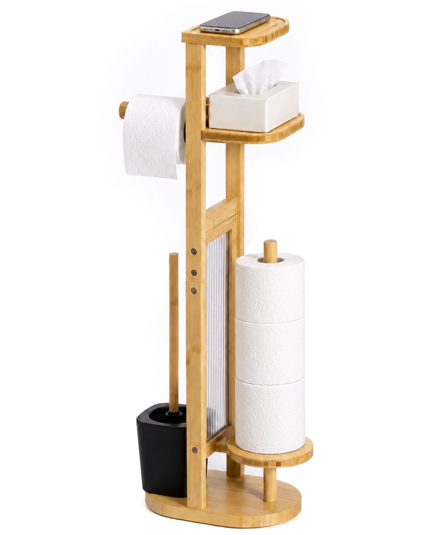 Yorbay WC-Garnitur Toilettenpapierhalter stehend Klobürstenhalter aus Bambus, (WC-Bürstenhalter/Ablage, /Toilettenbürste/Klorollenhalter), Freistehendes Badregal für Ordnung und flexible Aufbewahrung