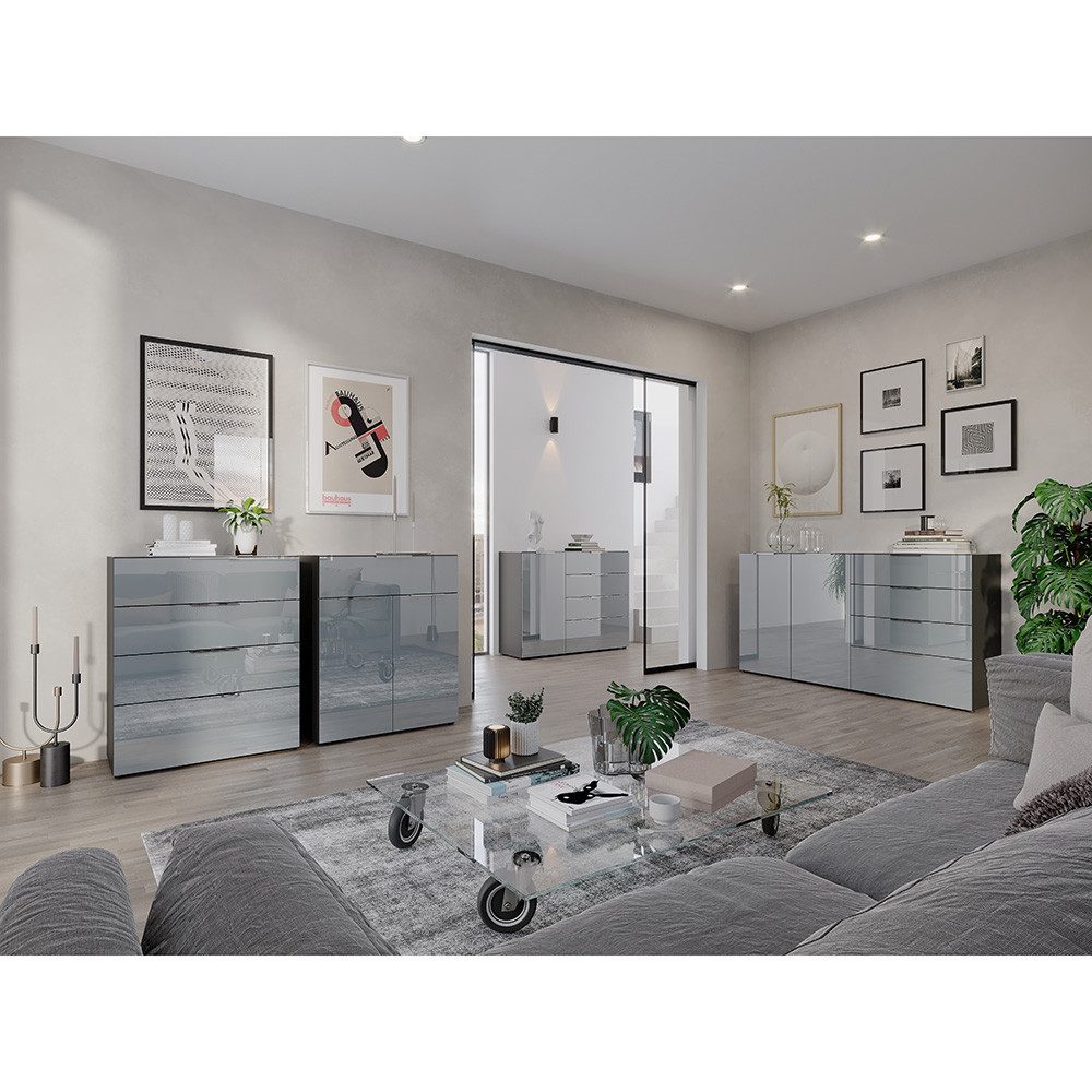 Lomadox Wohnzimmer-Set OXFORD-01, (Mega-Spar-Set, 4-St., Kommoden Sideboards), Glasfront Set in silbergrau mit graphit modern
