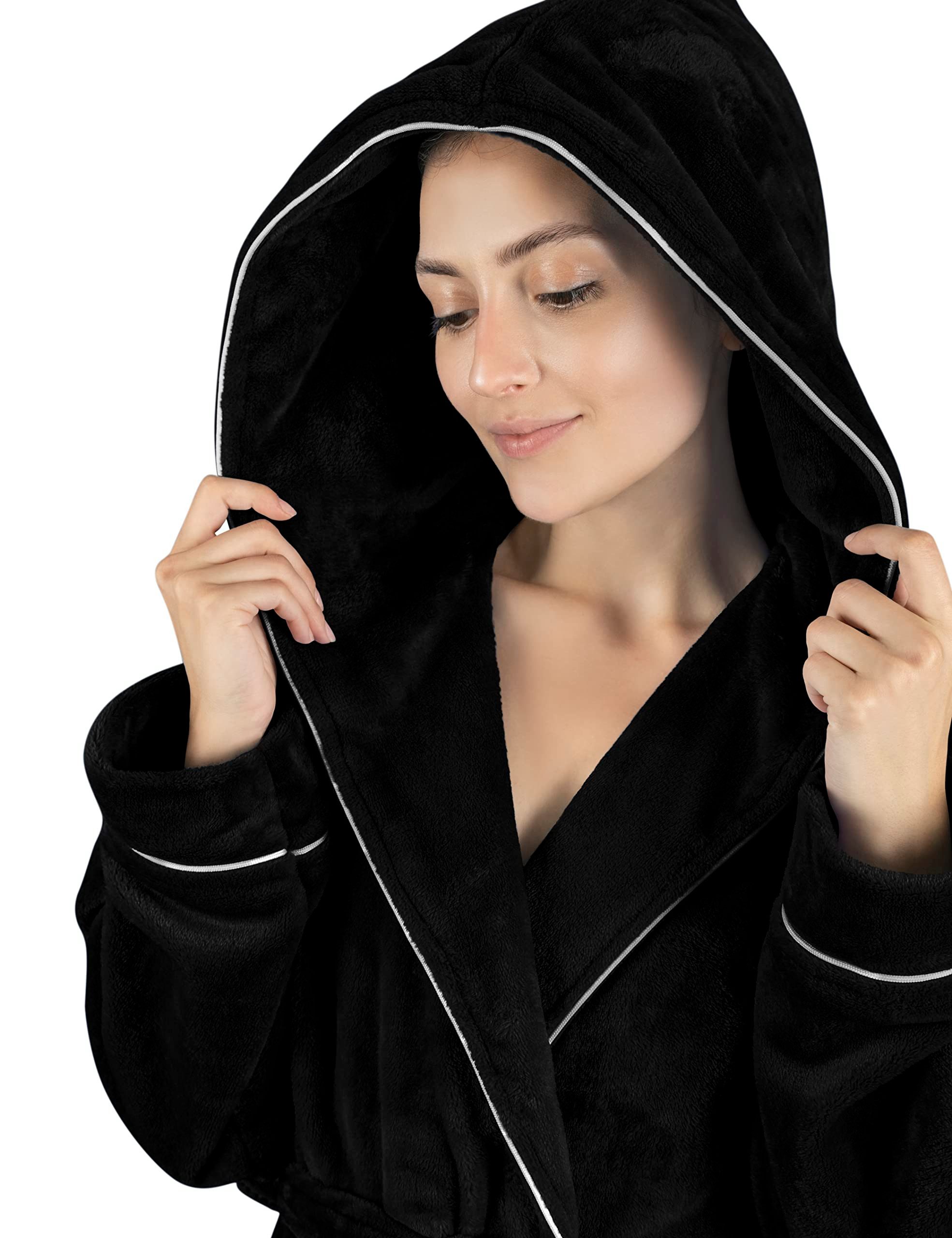 Gräfenstayn Damenbademantel Bademantel Damen flauschig Kapuze Kuschelfleece leicht kurz, warm & kuschelig, Knielang, Fronttaschen, Gürtel, S-XXL