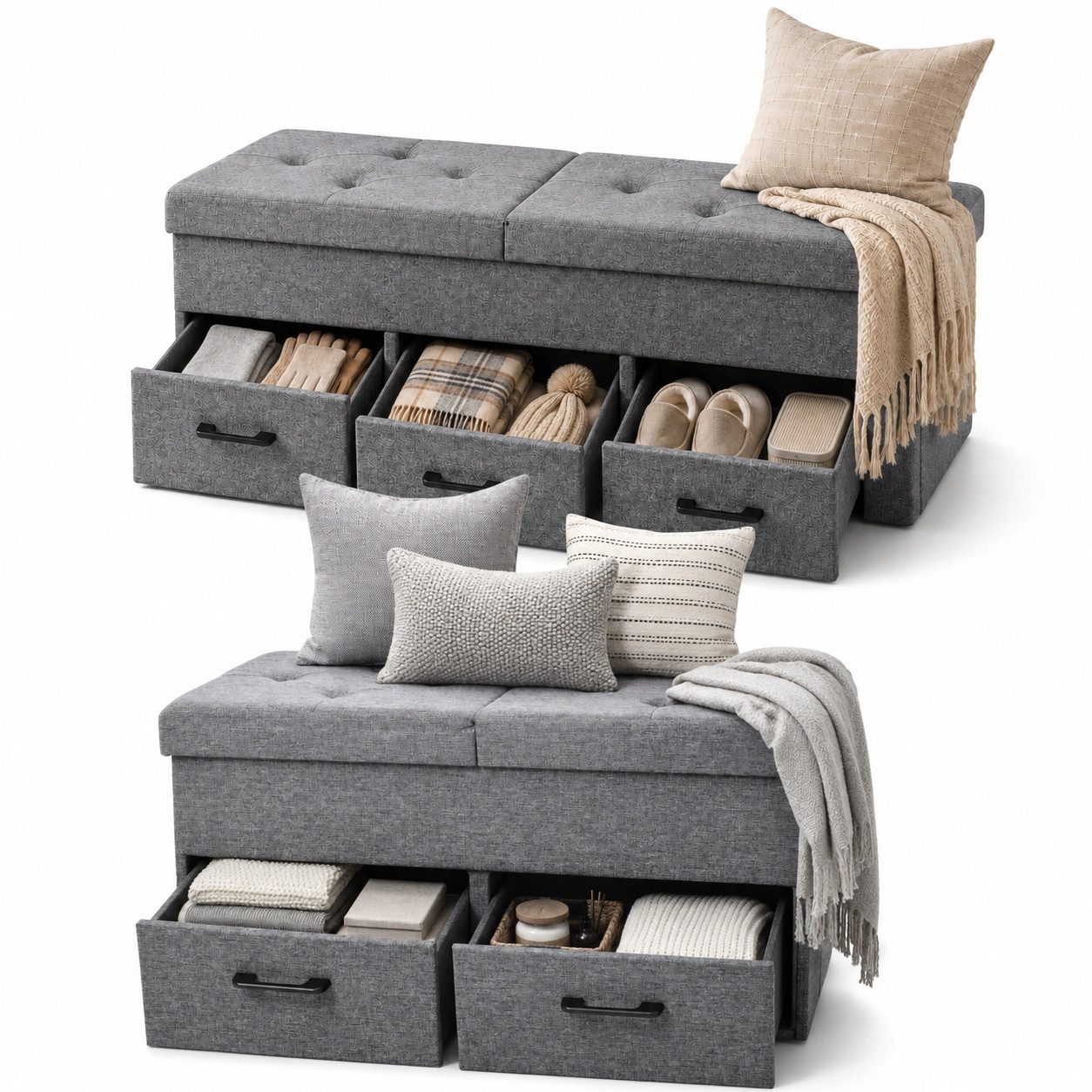 Onbest Sitzbank mit Stauraum gepolstert faltbar, Sitzhocker, Sitztruhe Fußbank, 2 Schubladen, bis 110 kg, klappbarer Deckel, Leinenoptik