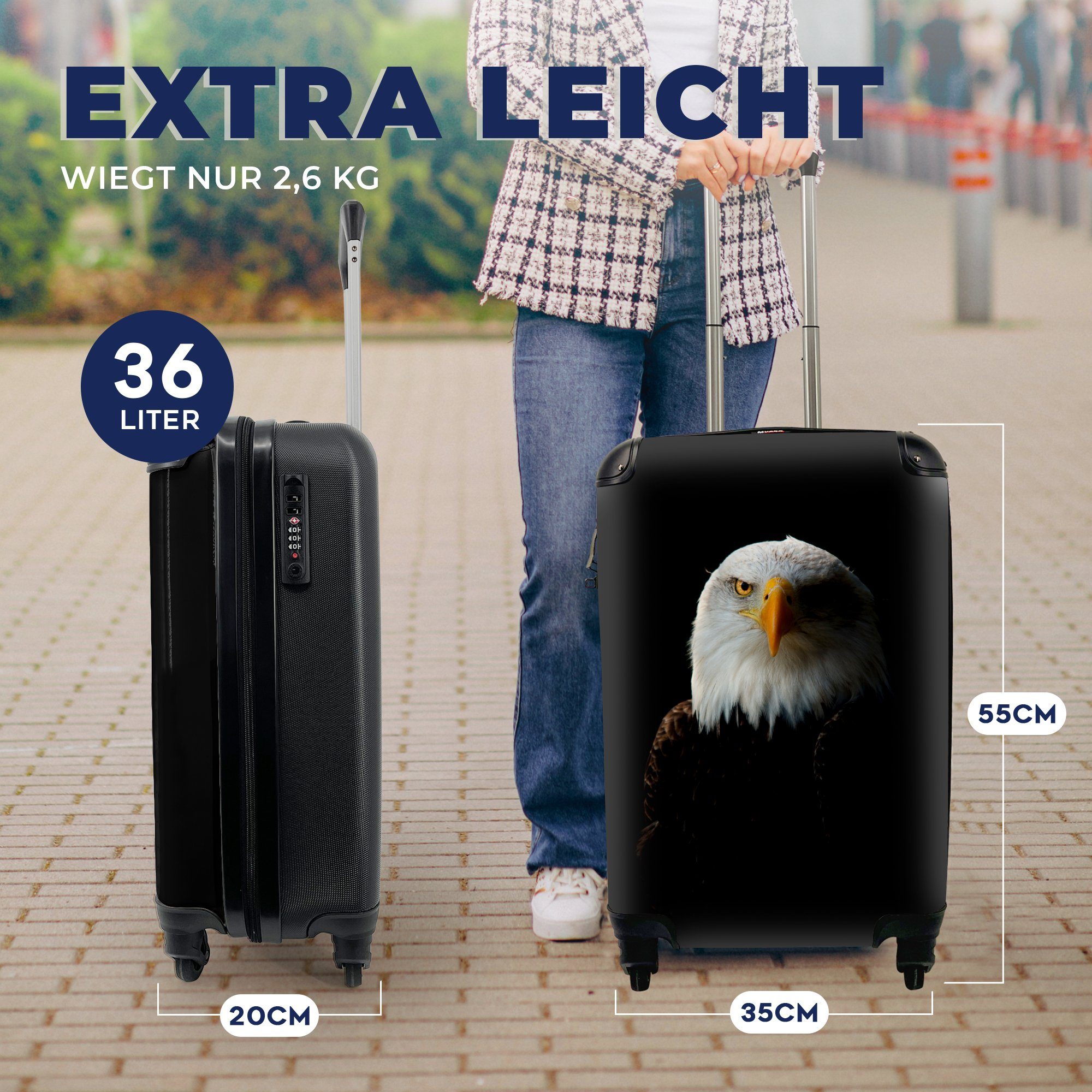 Adler mit Rollen, MuchoWow - rollen, - Handgepäckkoffer Reisekoffer Vogel 4 Ferien, Handgepäck Trolley, Schwarz, für Reisetasche