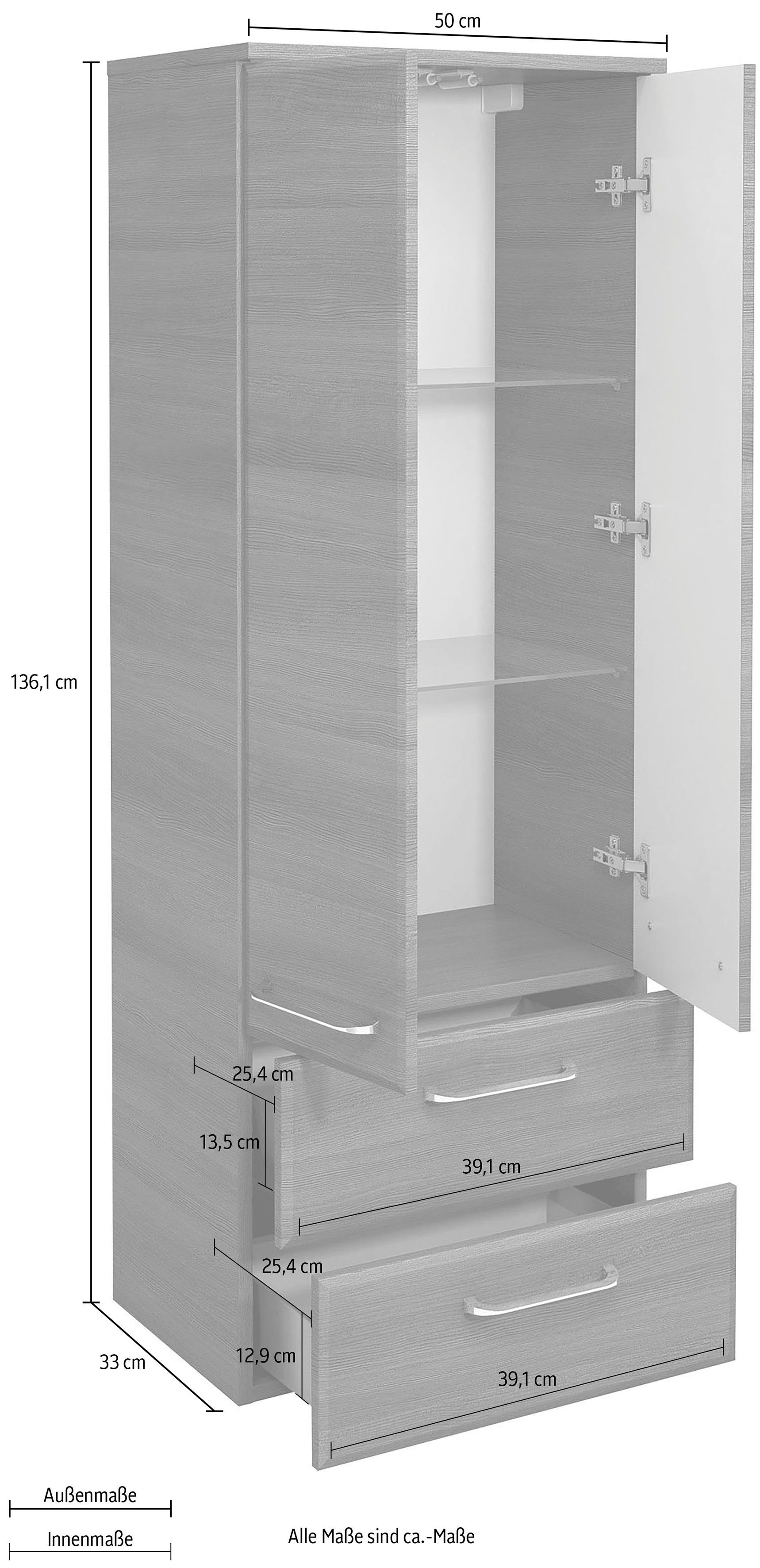 PELIPAL Midischrank Quickset Breite | quer cm, cm, Graphit Glaseinlegeböden, Graphit/Graphit Struktur Höhe 50 136 Türdämpfer