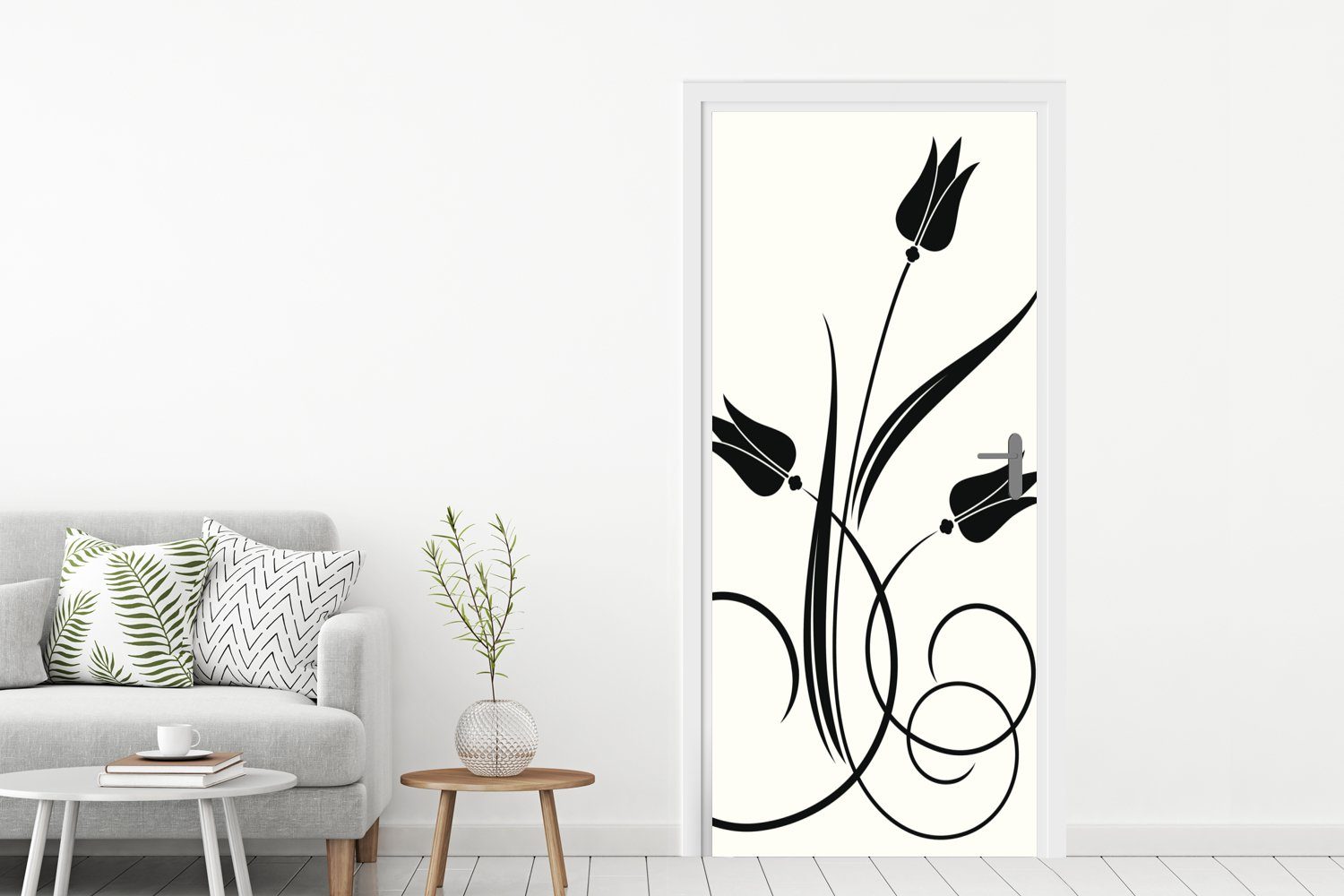 auf 75x205 Matt, Hintergrund, für MuchoWow Tür, schwarzen von Tulpen Türtapete Illustration cm St), Eine (1 Fototapete einem bedruckt, weißen Türaufkleber,