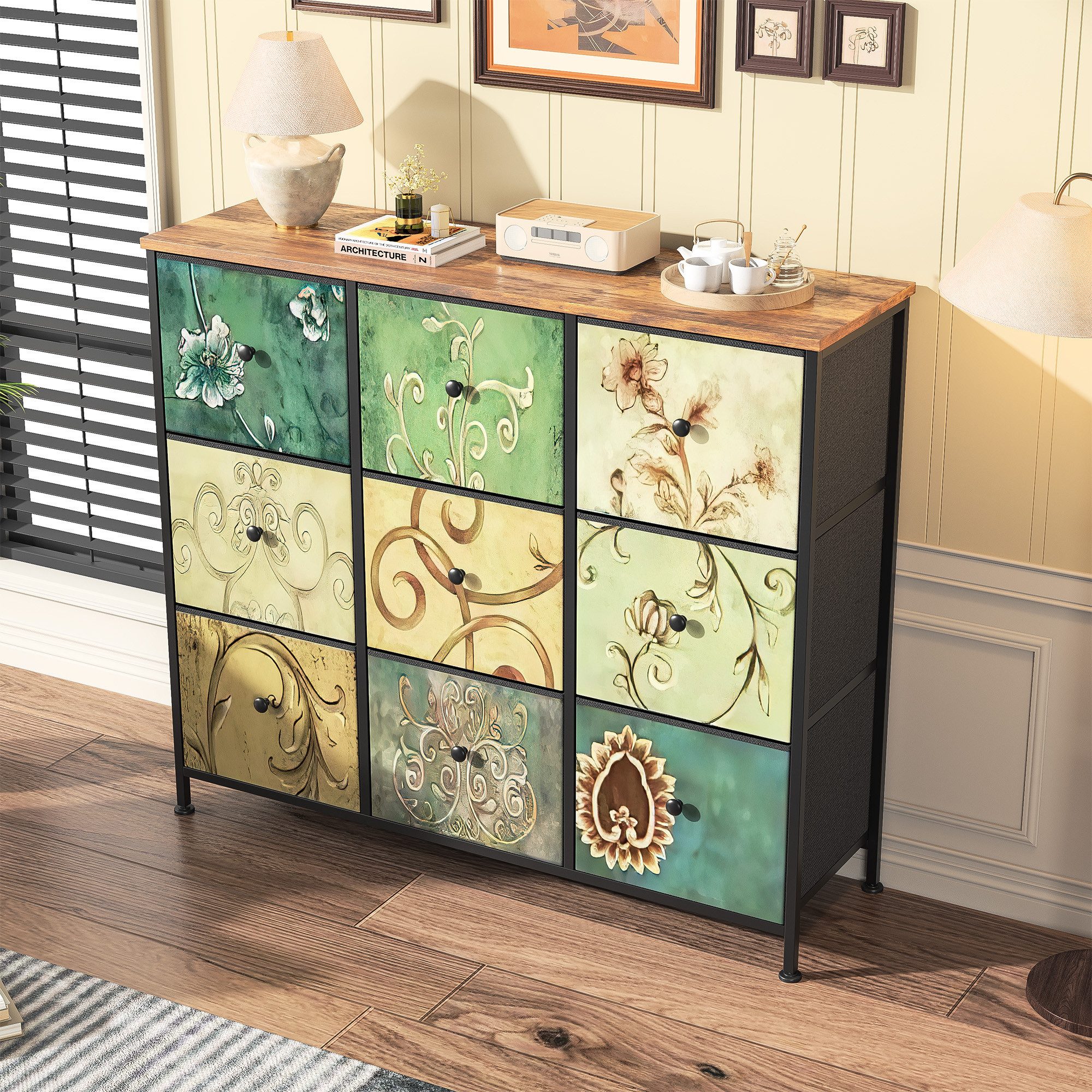 FUROKOY Kommode Stauraumschrank,Schrank Schlafzimmer,Metallrahmen,Retro Stil, Blumenmuster,9 Schubladen