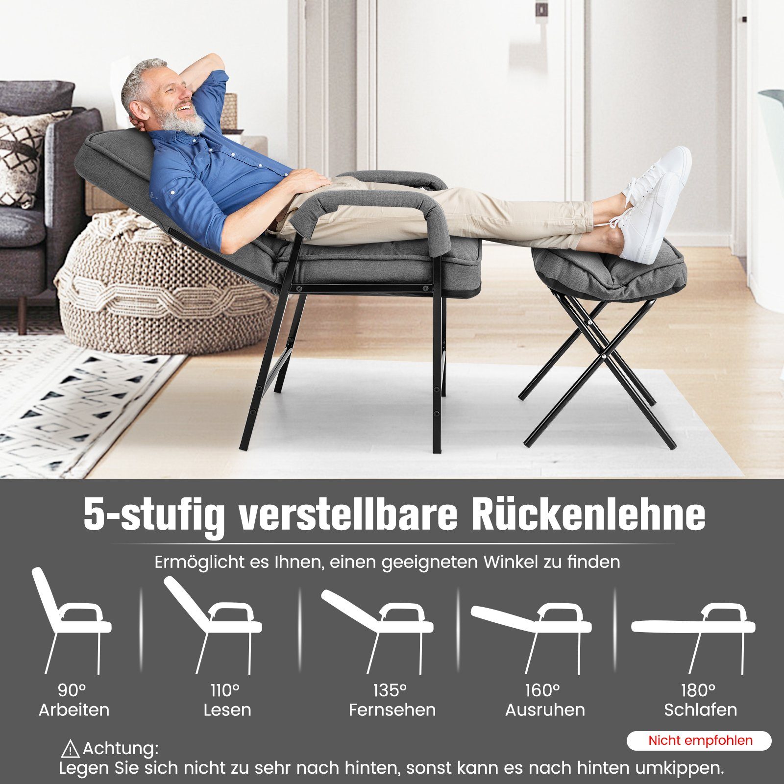 COSTWAY Relaxsessel, mit liegefunktion,Hocker,verstellbar,gepolstert,150kg