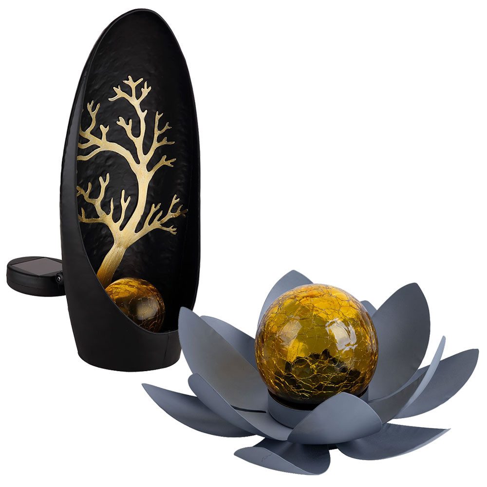 GLOBO LIGHTING LED Solarleuchte, LED-Leuchtmittel fest verbaut, Warmweiß, Solarlampe Außenleuchte Lotusblume Crackleglas amber LED Baummotiv