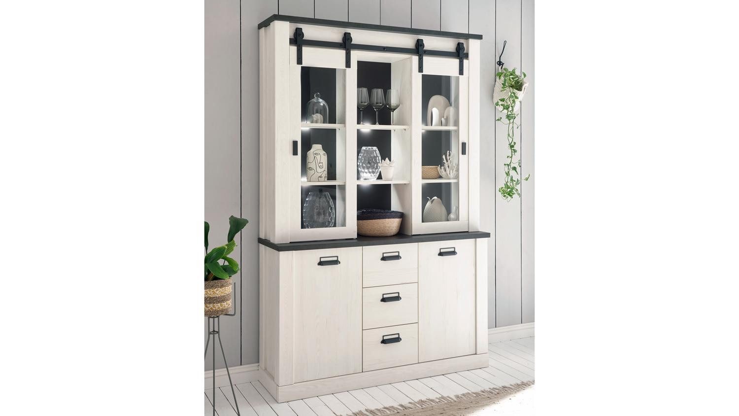 Möbel Akut Vitrine Buffet Sherwood 57 Pinie weiß und anthrazit mit soft-close 133 cm