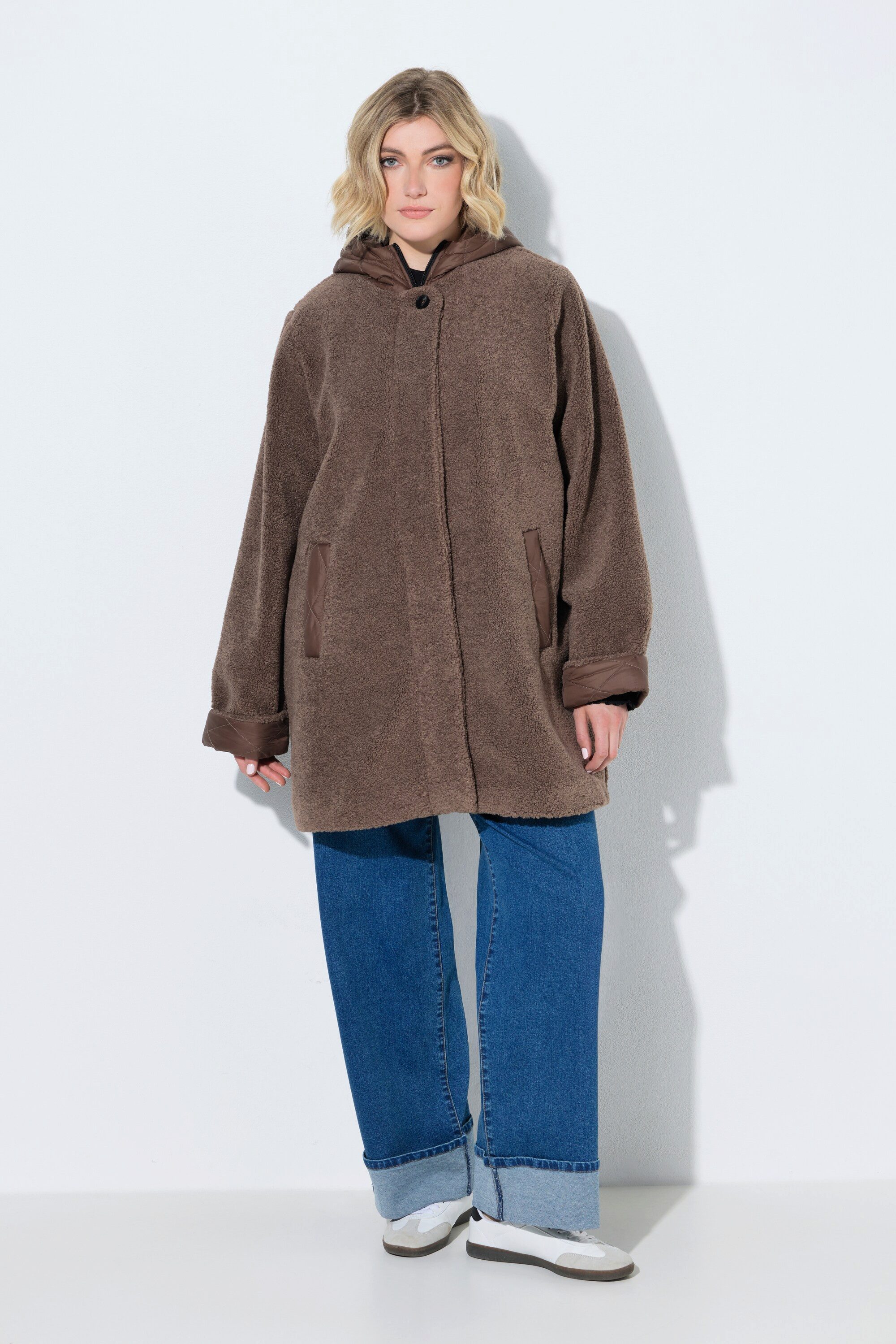 Ulla Popken Outdoorjacke Jacke Teddyfleece Kapuze Stepp-Details