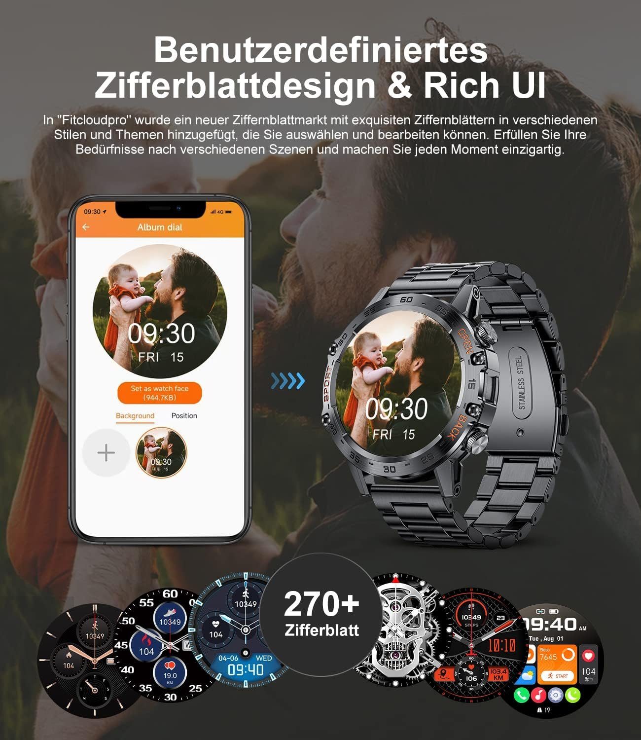 Lige Smartwatch (1,39 Zoll, Sportmodi iOS), 400mAh Militär mit Sportuhr SpO2 100 Akku Telefonfunktion Android