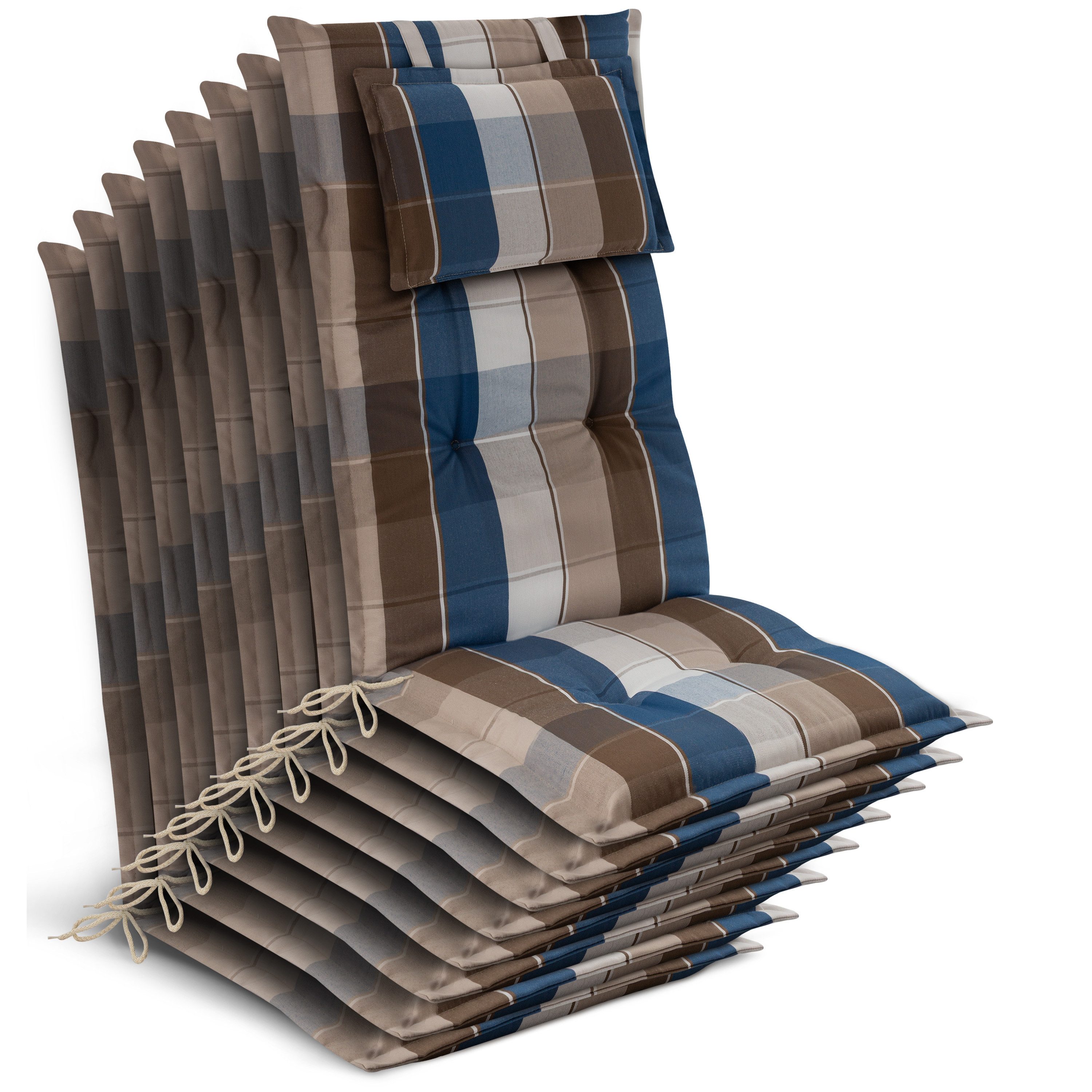 Beautissu Hochlehnerauflage 8x Premium Hochlehnerauflage 120x50x7cm, Braun-Blau-Kariert, Gartenstuhlauflage Hochlehner - Robuster Stoff & UV-Lichtechtheit