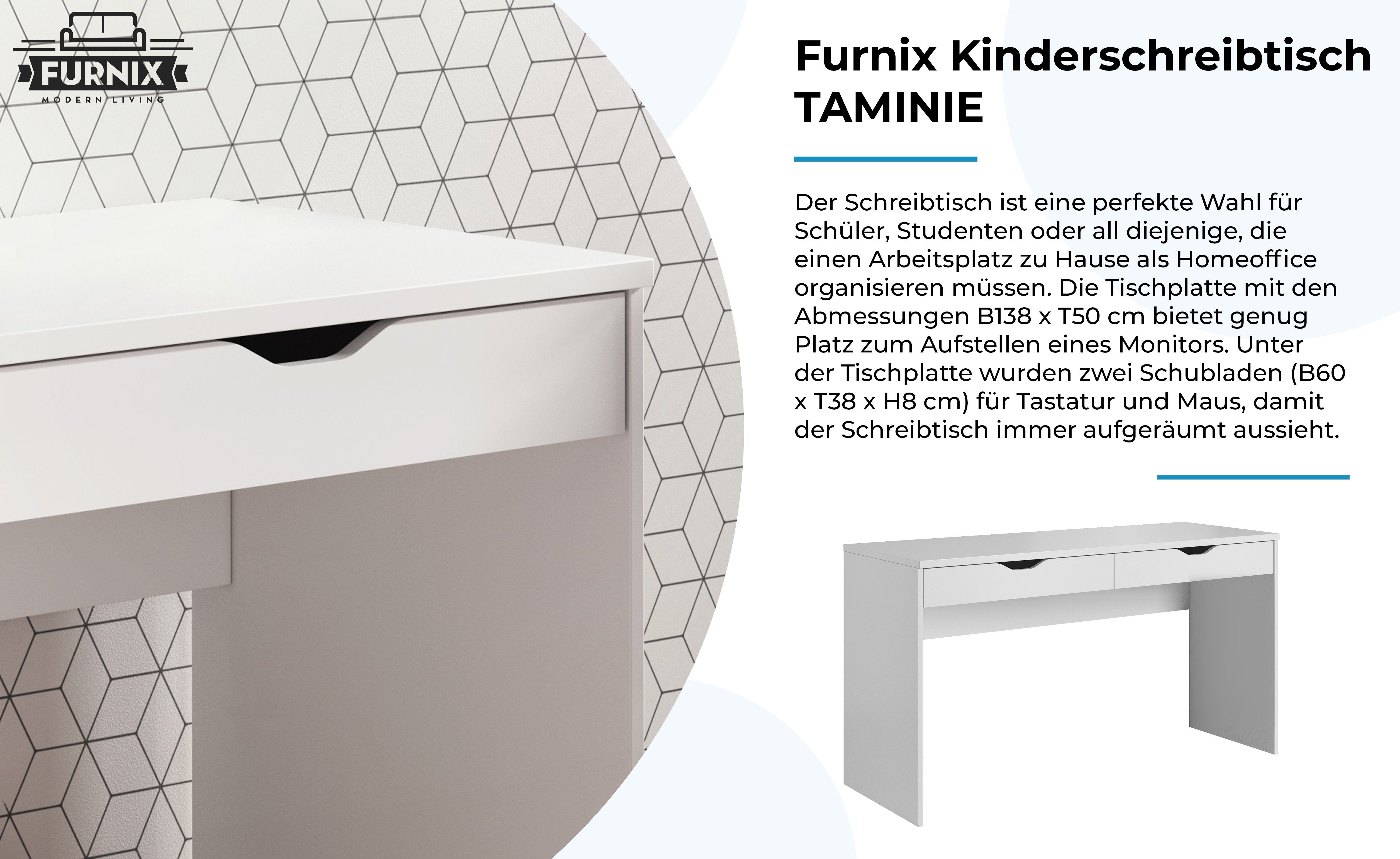 Schubladen modernes H76 in Furnix made EU Kinder B138 und x cm, Schreibtisch 2 Design, Weiß für mit Jugendliche, T50 TAMINIE x