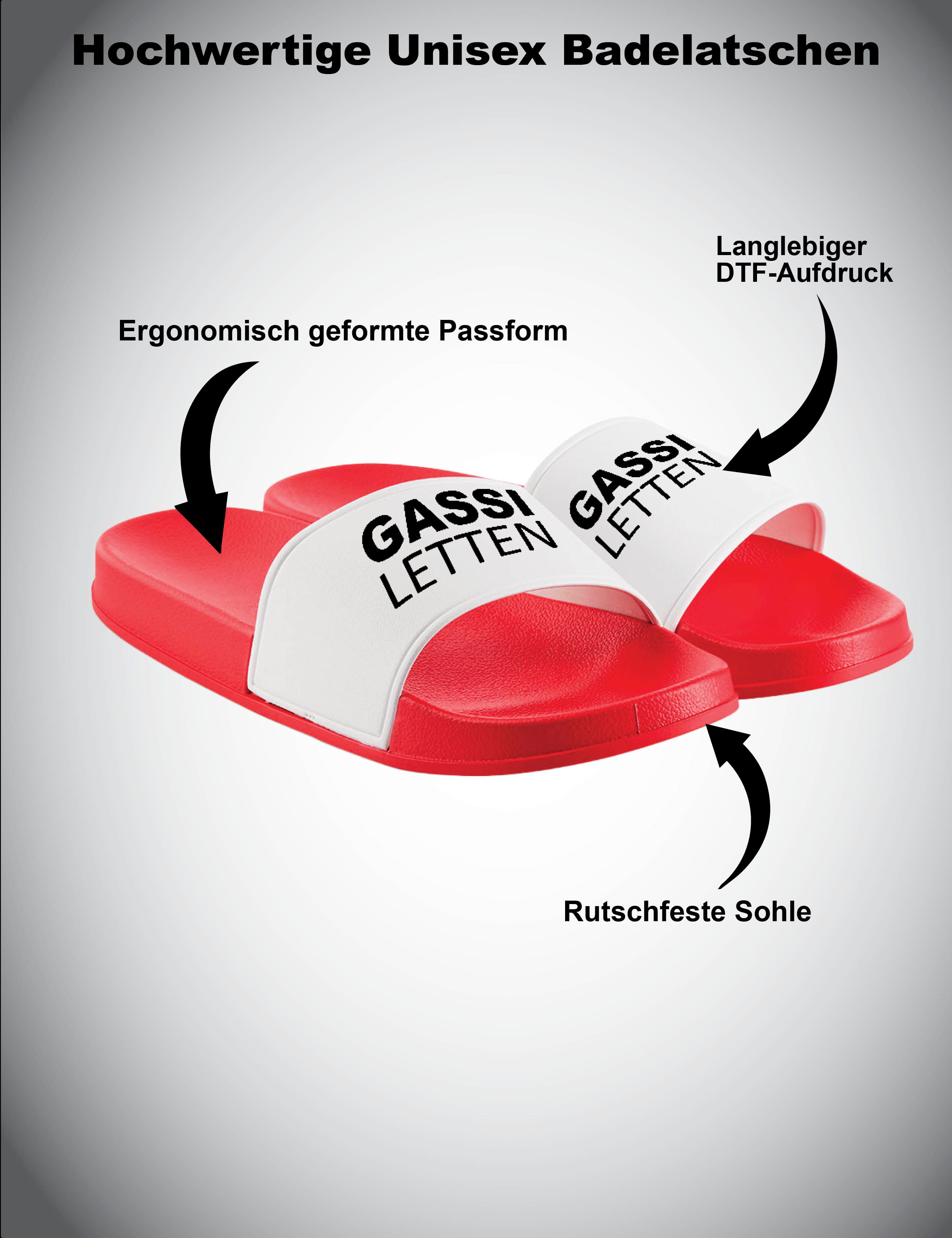 Youth Designz Herren Damen Badelatschen "Gassi Letten" Fun-Print lustig Geschenk Badeschuh mit witzigen Aufdruck für Männer und Frauen um Ein Statement zu setzen