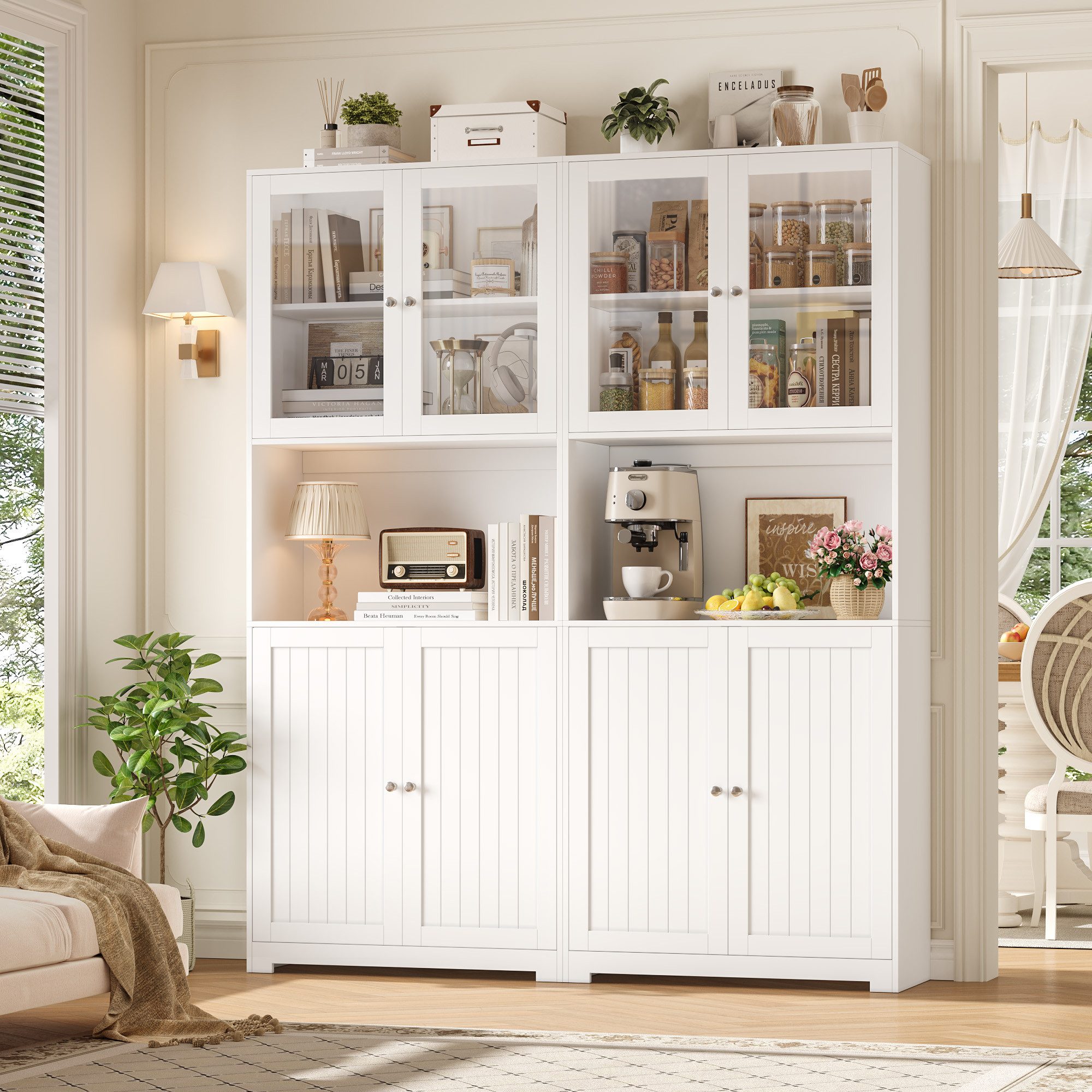 Homfa Vitrine Vitrinenschrank Buffetschrank Bücherregal mit Türen Küchenbuffet mit Arbeitsplatte, 80 x 32 x 198 cm – Bild 2 von 5