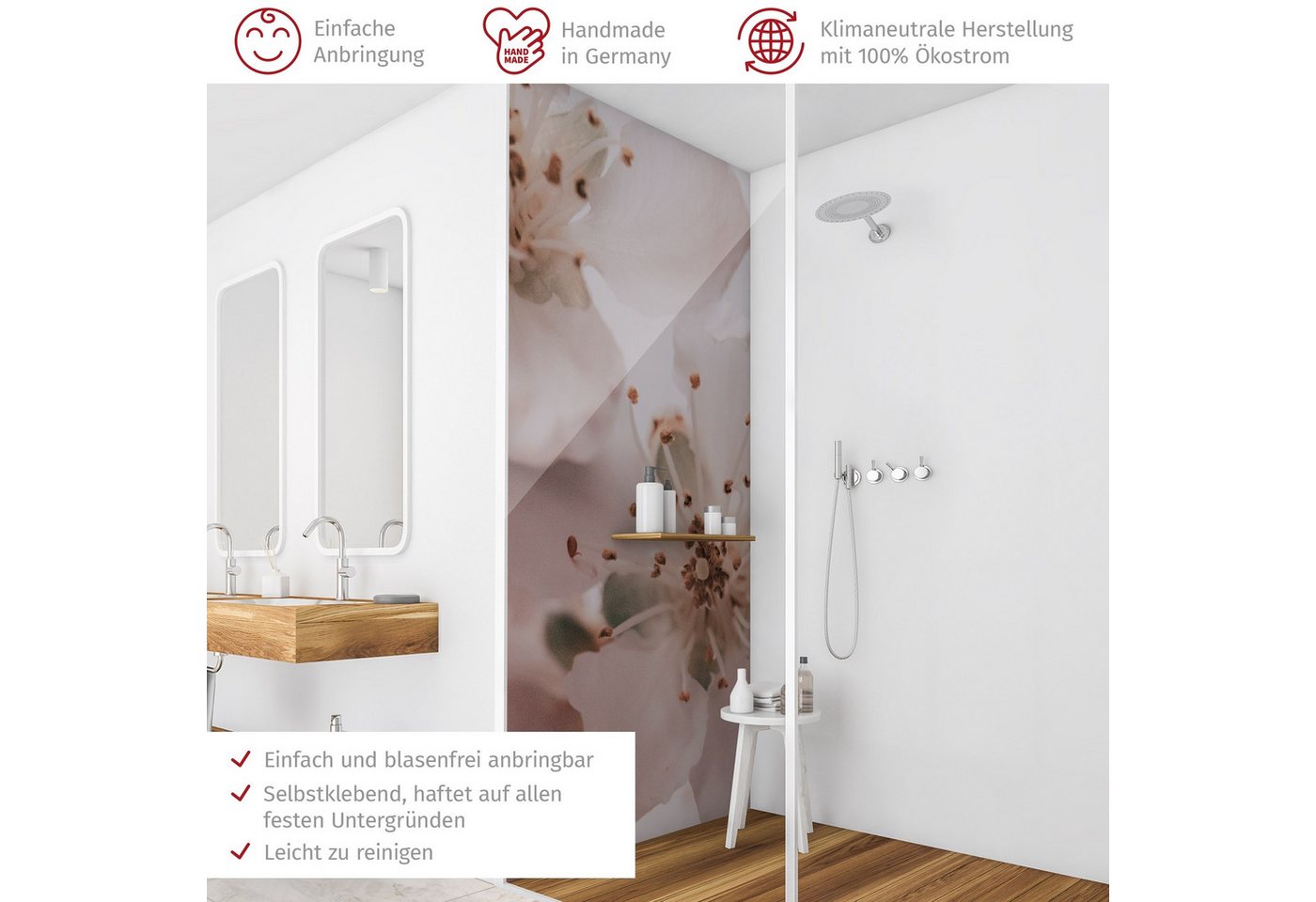 Thumbnail - Bilderdepot24 Badrückwand Blumen rosa Duschrückwand ohne Bohren Dusche Landhaus, (1-tlg., Hart-Folie Smart matt 0,35 mm)...