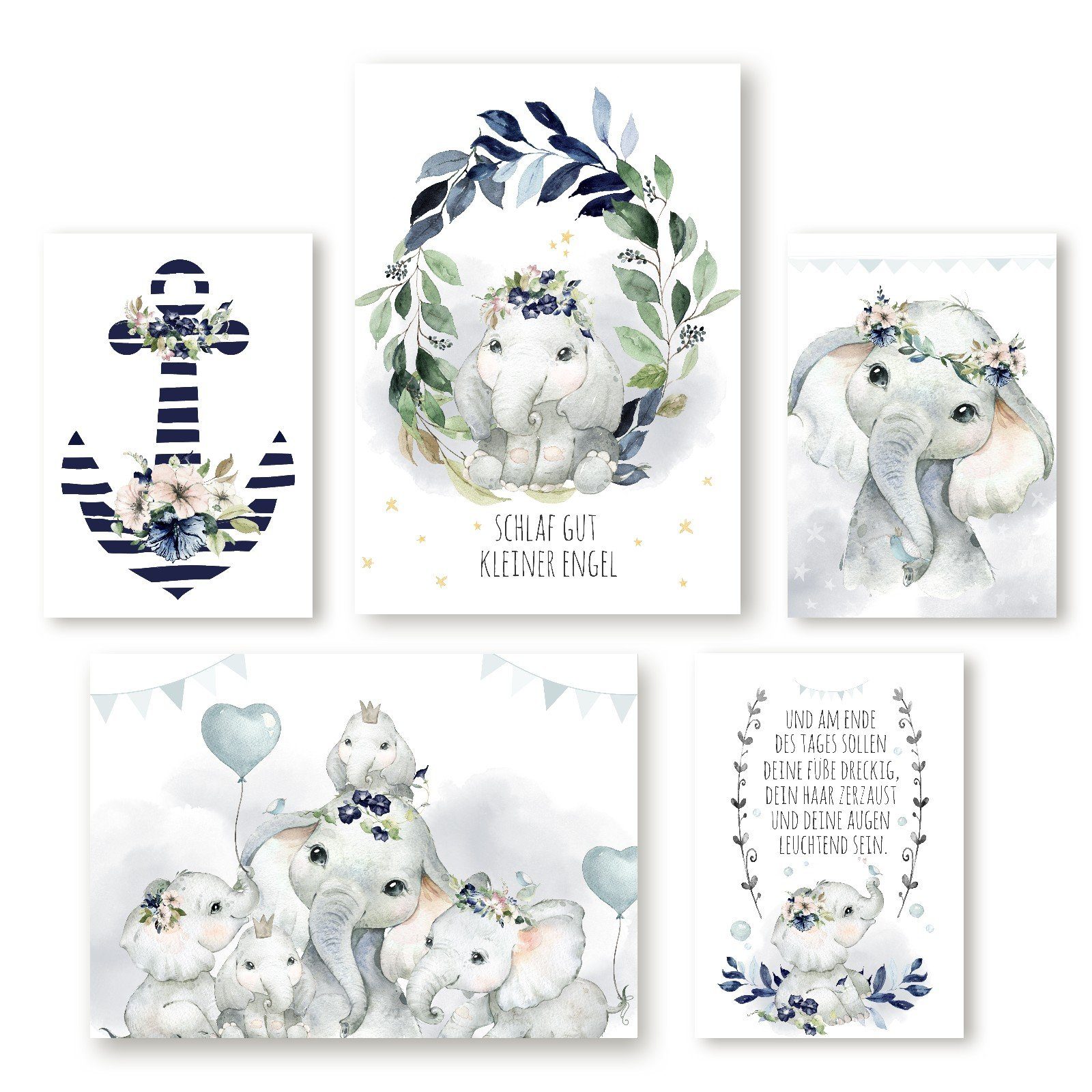 homestyle-accessoires Плакат Kinderzimmer Изображения Изображенияset ELEFANT SCHLAF GUT KLEINER ENGEL, (5 St), - Ohne Изображенияrahmen - sorgfältige & sichere Verpackung
