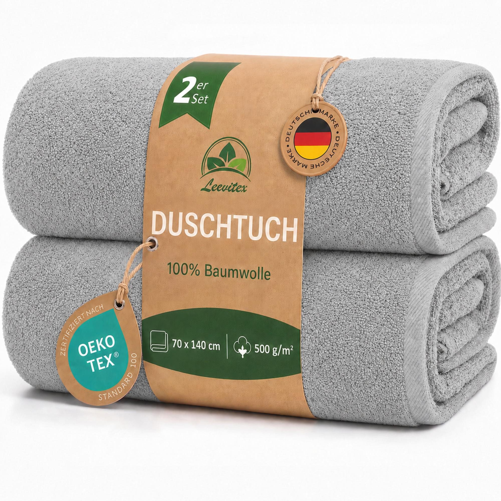 leevitex® Duschtücher 2er-Set, 70x140 cm, 100% Baumwolle, saugstark und fusselfrei, Frottee (Set, 2-St), OEKO-TEX® STANDARD 100 zertifiziert, gestreifte Bordüre